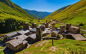 Обои Грузия Гора Здания Долина Ushguli village, Svaneti