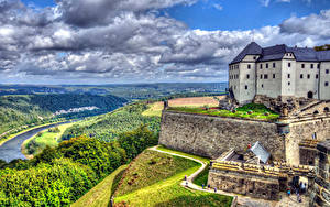 Обои для рабочего стола Германия Замки Реки Облачно HDR Königstein Города