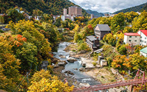 Обои Япония Здания Речка Мосты Осень Jozankei Hokkaido Города