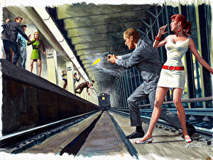 Обои Mort Kunstler Живопись Мужчины Метро Metro station девушка