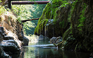 Картинки Румыния Водопады Реки Скалы Мох Cascade Bigar Природа