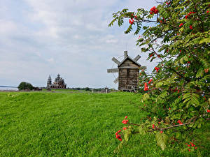 Фотографии Россия Храм Поля Ветряная мельница Ветка Kizhi Природа