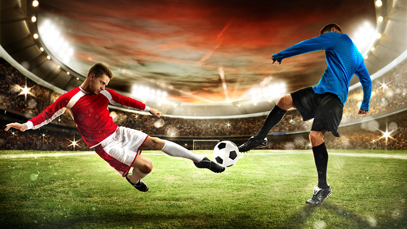 Картинка Мужчины два Футбол спортивная Ноги Стадион Мячик 1366x768