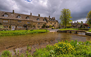 Фотографии Англия Дома Реки Мост Трава Cotswolds Village Города