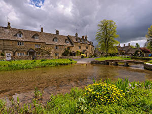 Фотографии Англия Дома Реки Мост Трава Cotswolds Village Города