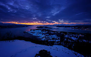 Фотография Норвегия Реки Побережье Зимние Вечер Снега Skjerstadfjorden Природа