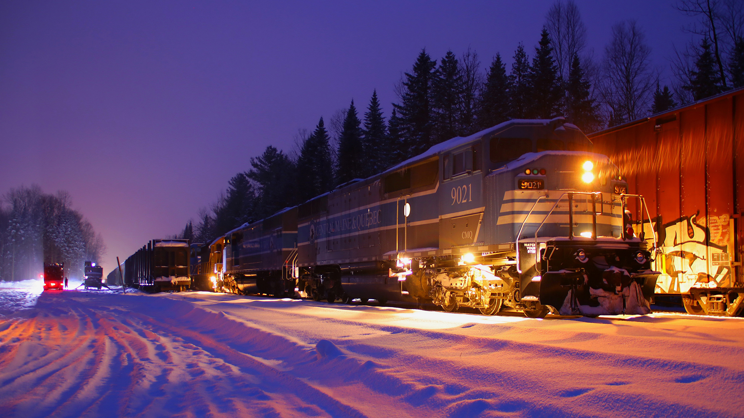 Поезд ночью зимой в лесу