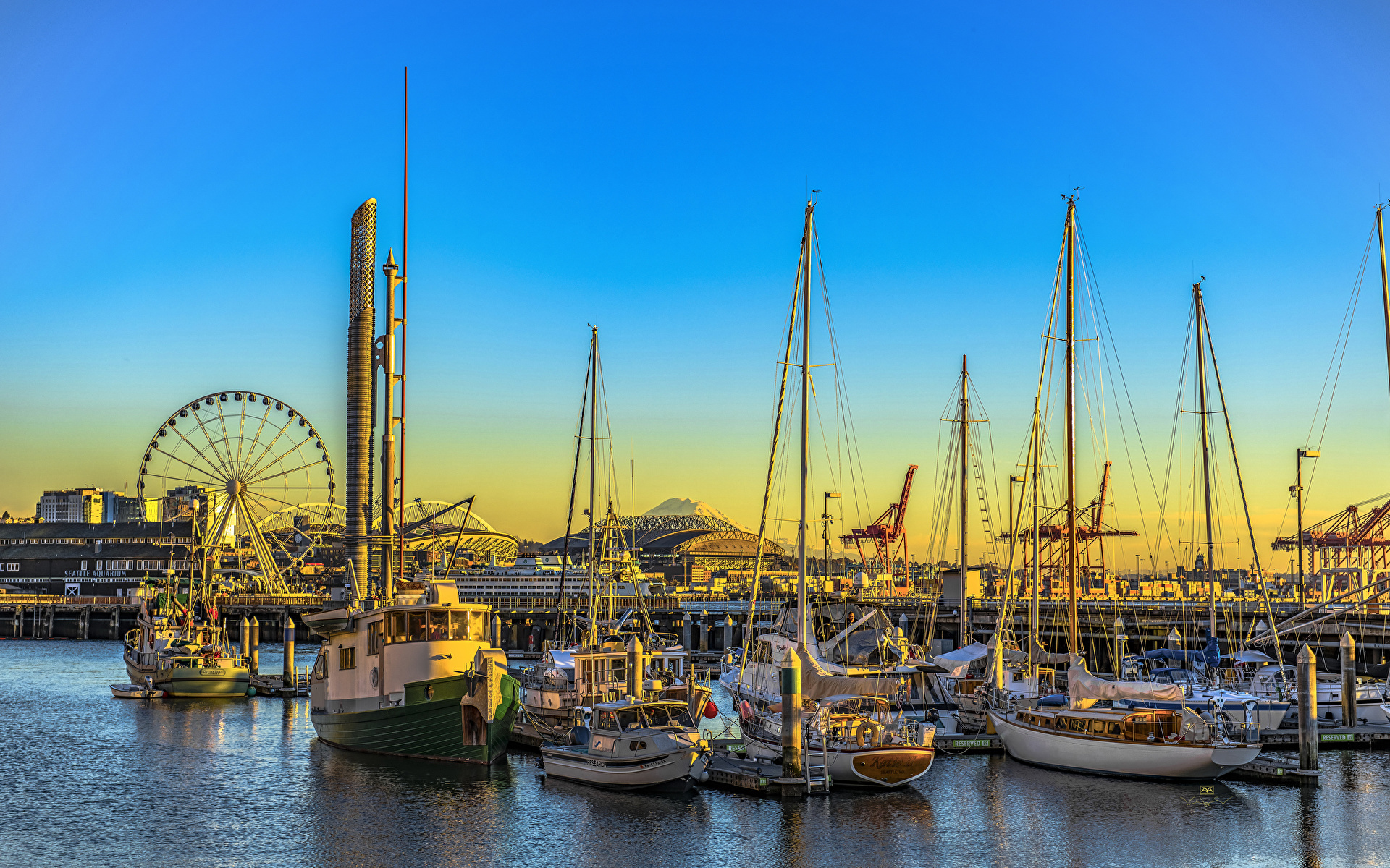Картинки Сиэтл штаты Речные суда Рассветы и закаты Яхта речка Пристань Парусные город 1920x1200 США америка рассвет и закат Реки река Пирсы Причалы Города