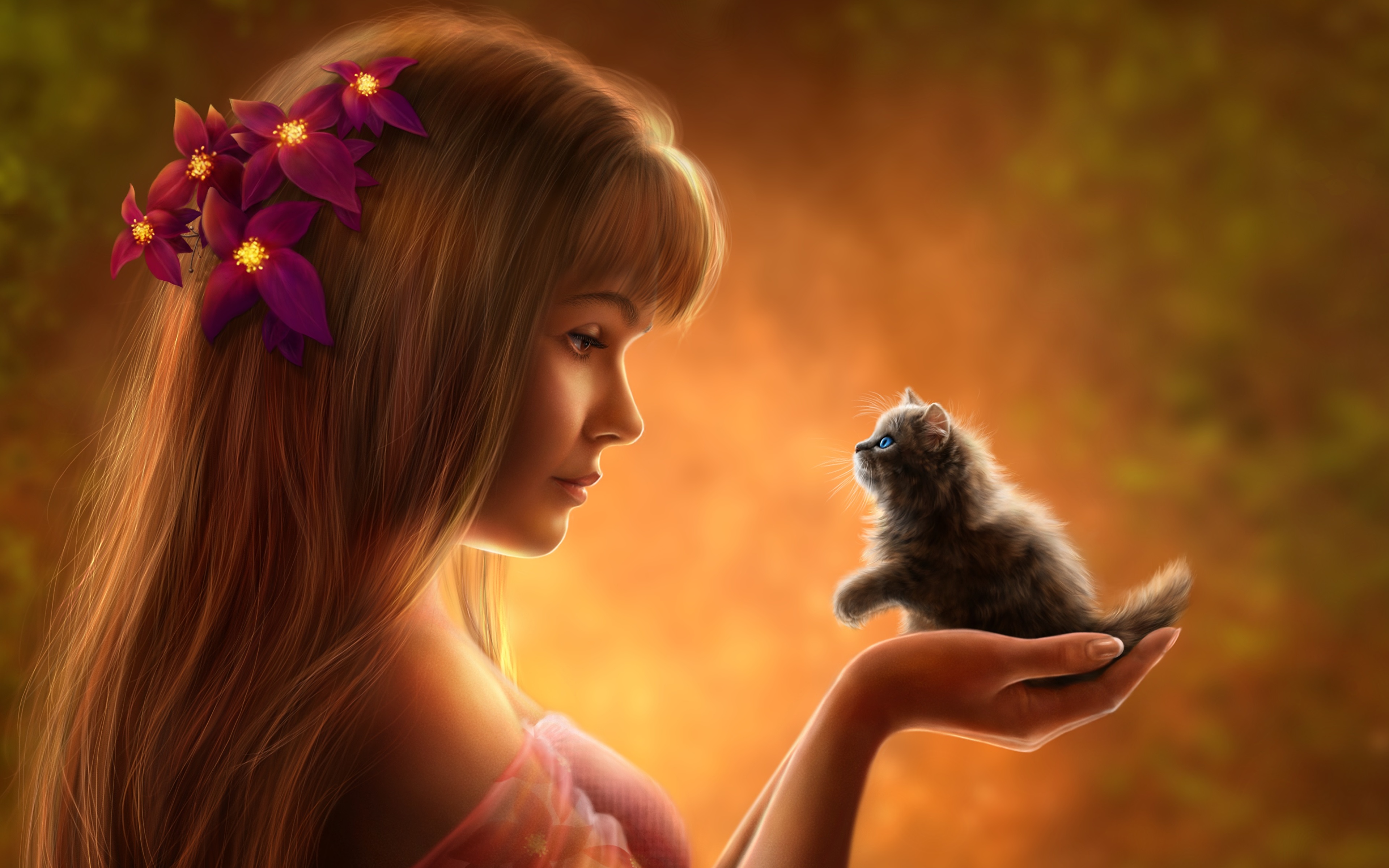 Картинка девушка с кошкой. Девушка с котенком. Девушка и кот фэнтези. Девочка с котятами. Красивая девушка с котенком.