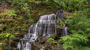 Фотографии Англия Водопады Камни HDR Скале Мха Hatch brook waterfall