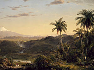 Обои Живопись Горы Пейзаж Пальма Frederic Edwin Church, Cotopaxi