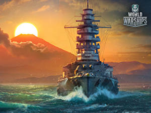 Фотография World Of Warship Корабли Рассвет и закат Японский Солнце Mutsu Игры Армия