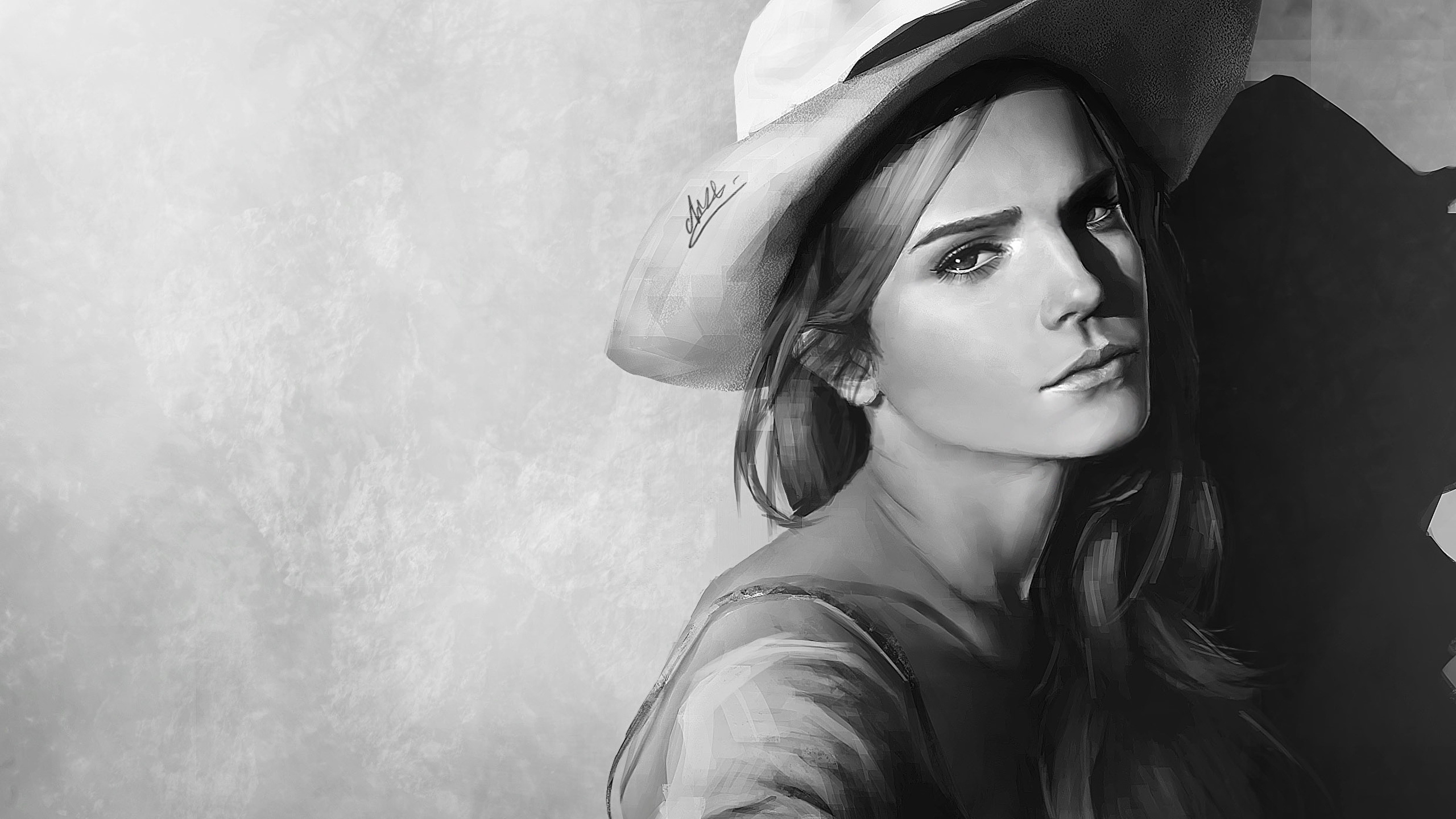Картинка Эмма Уотсон красивый Шляпа девушка черно белые 2560x1440