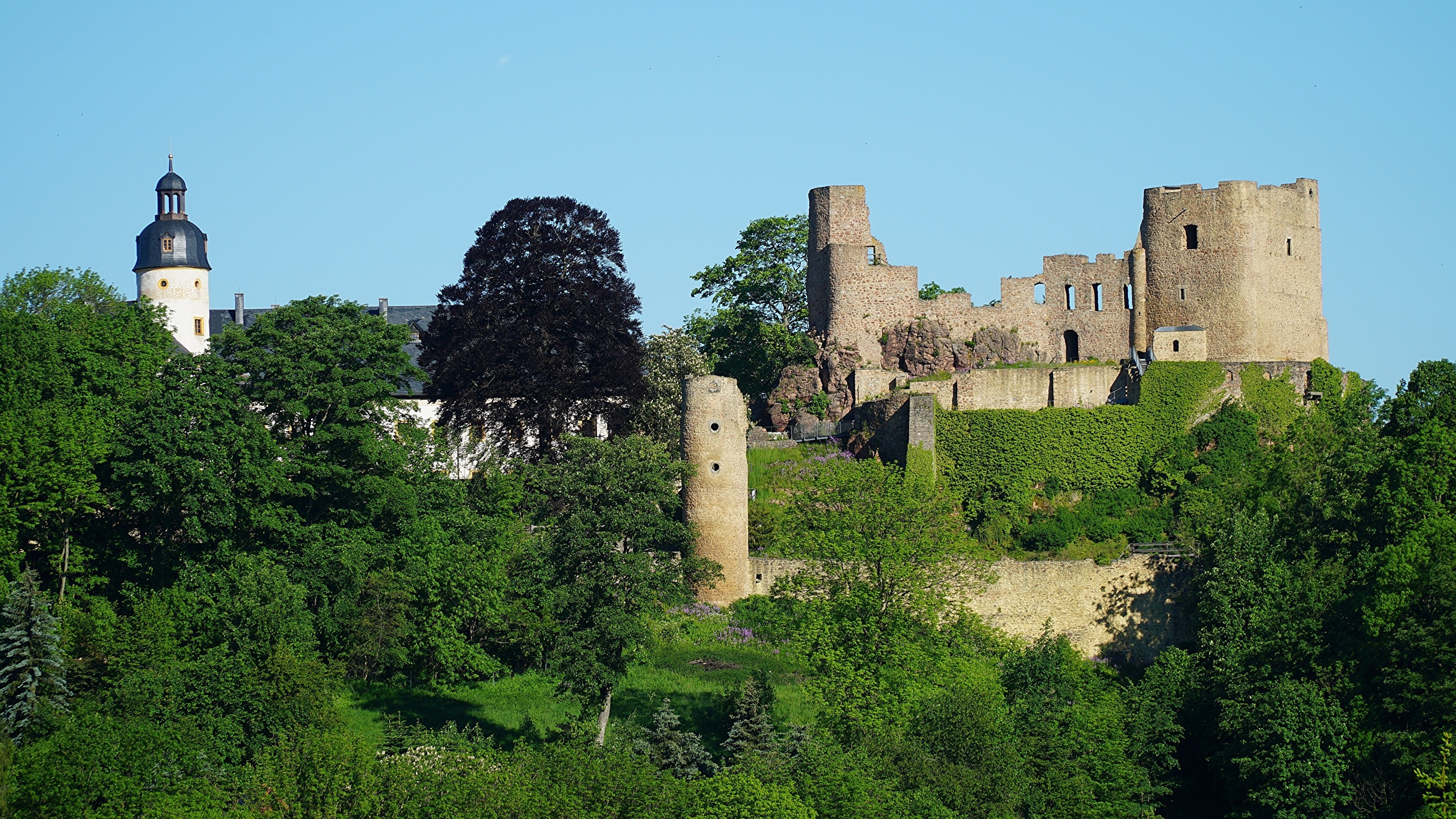 Фото Германия Крепость Frauenstein, Saxony, Eastern Ore Mountains замок Развалины город 2560x1440 Замки Руины Города