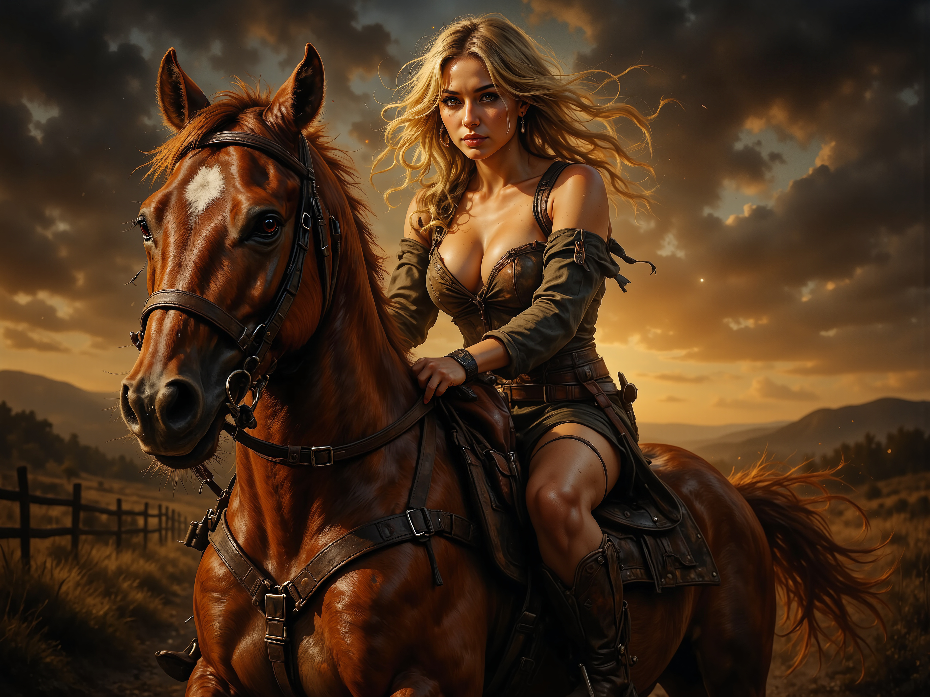 Фотография Лошади блондинки Ai вырез на платье волос Девушки Животные Платье 3840x2880 лошадь Блондинка блондинок Декольте Волосы девушка молодая женщина молодые женщины животное платья