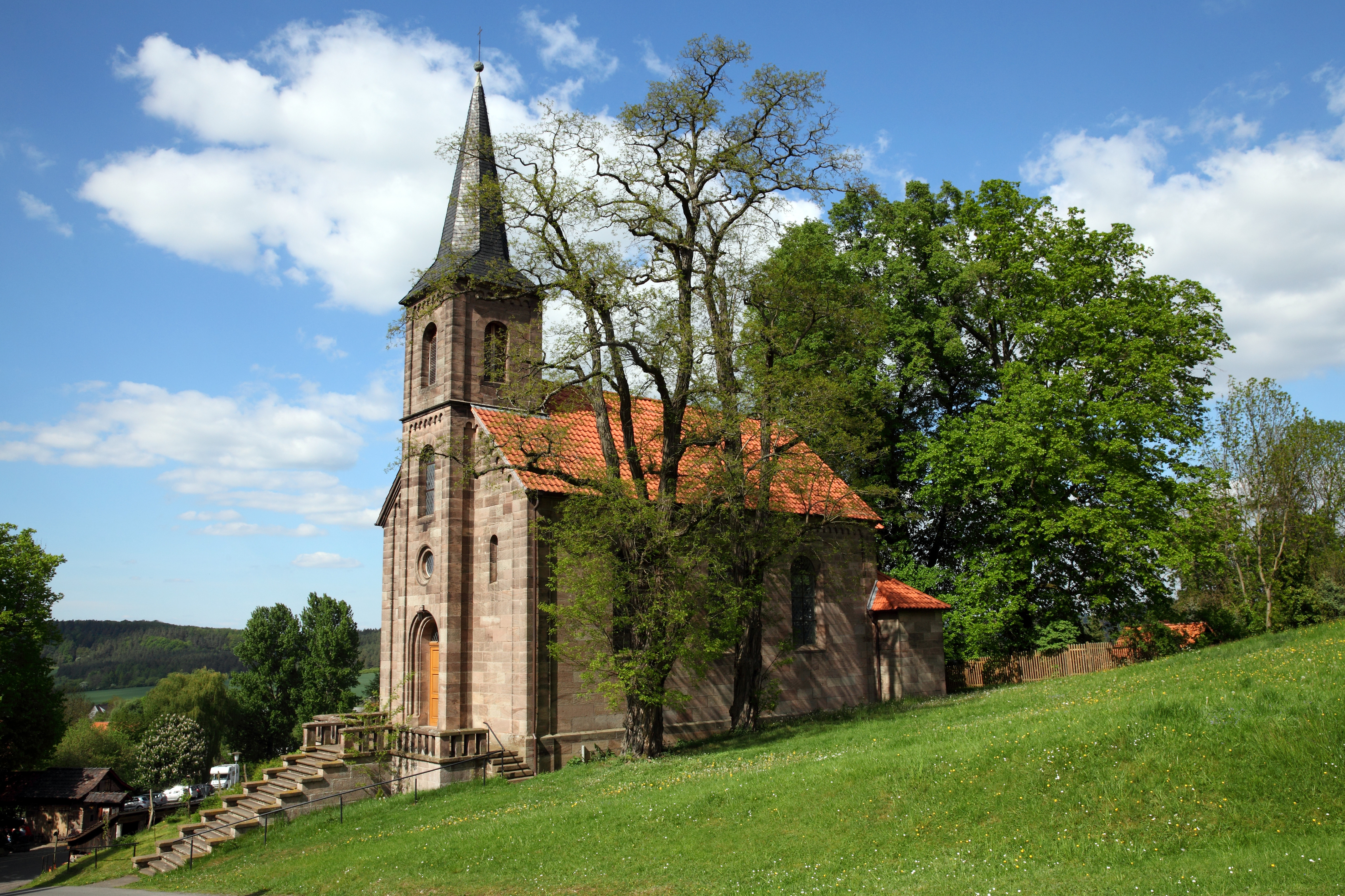 Фотография Церковь Германия Башня Bornhagen, Ev. Kirche город дерево 5120x3413 башни дерева Города Деревья деревьев