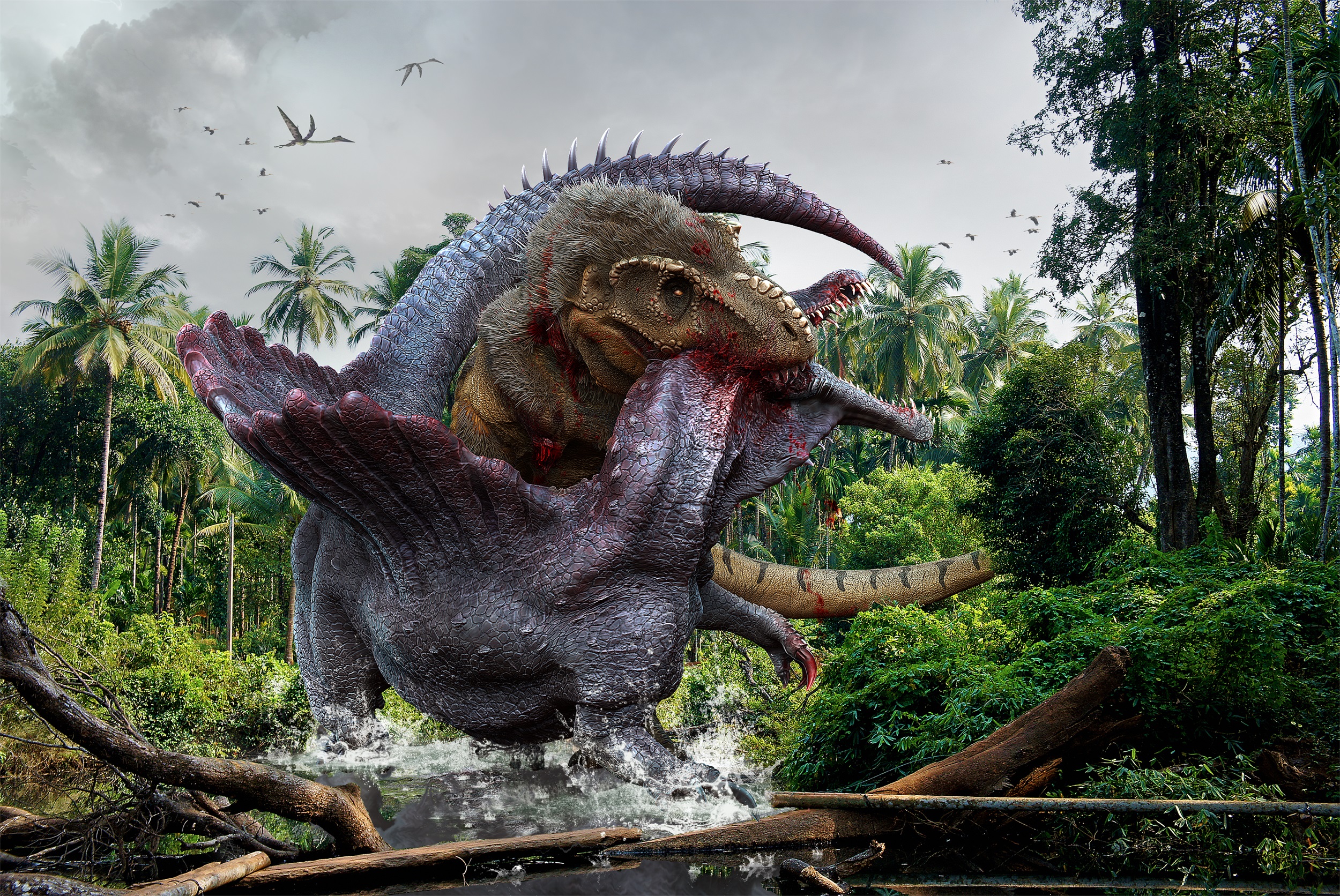 Древние животные Динозавры Битвы Тираннозавр рекс vs Spinosaurus Двое Драка...