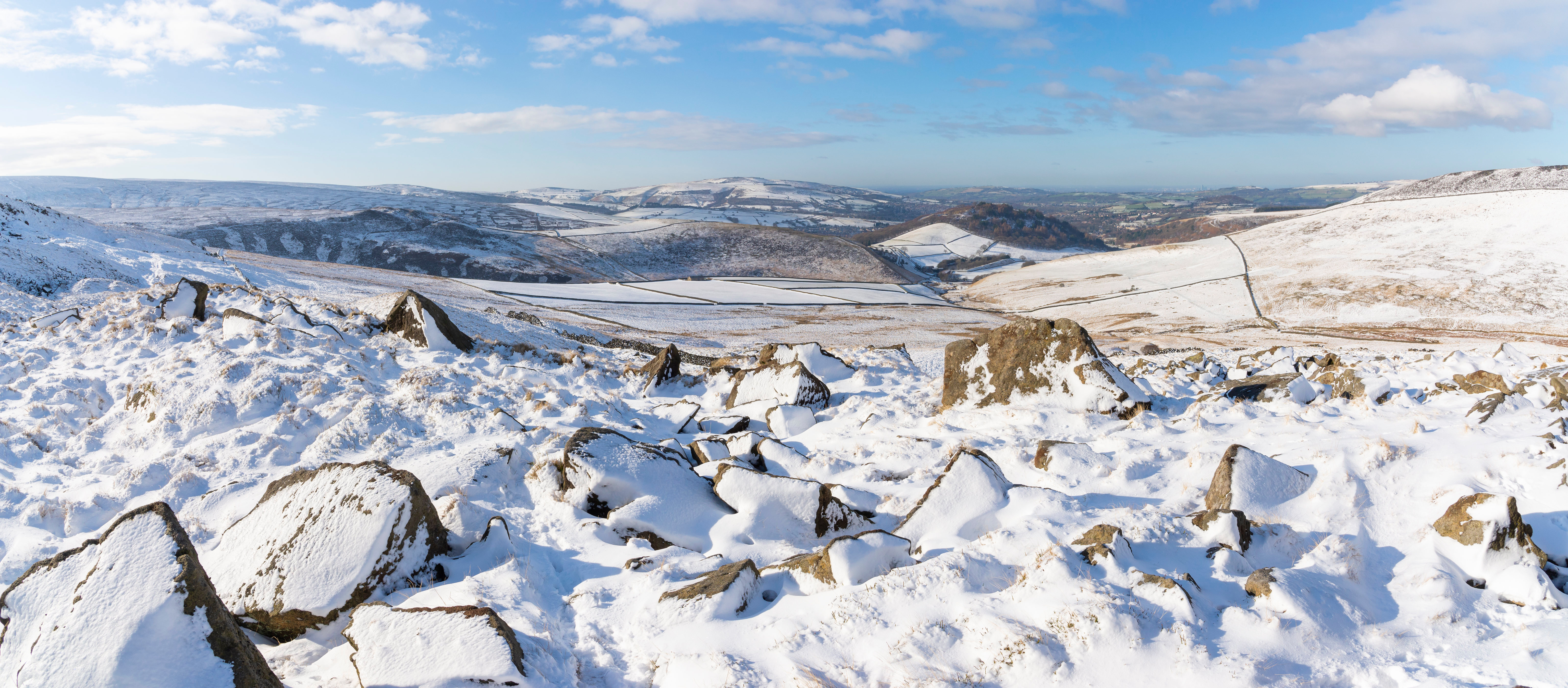 Картинки Англия панорамная Derbyshire Природа снегу Холмы Камни Панорама Снег холм снега снеге холмов Камень