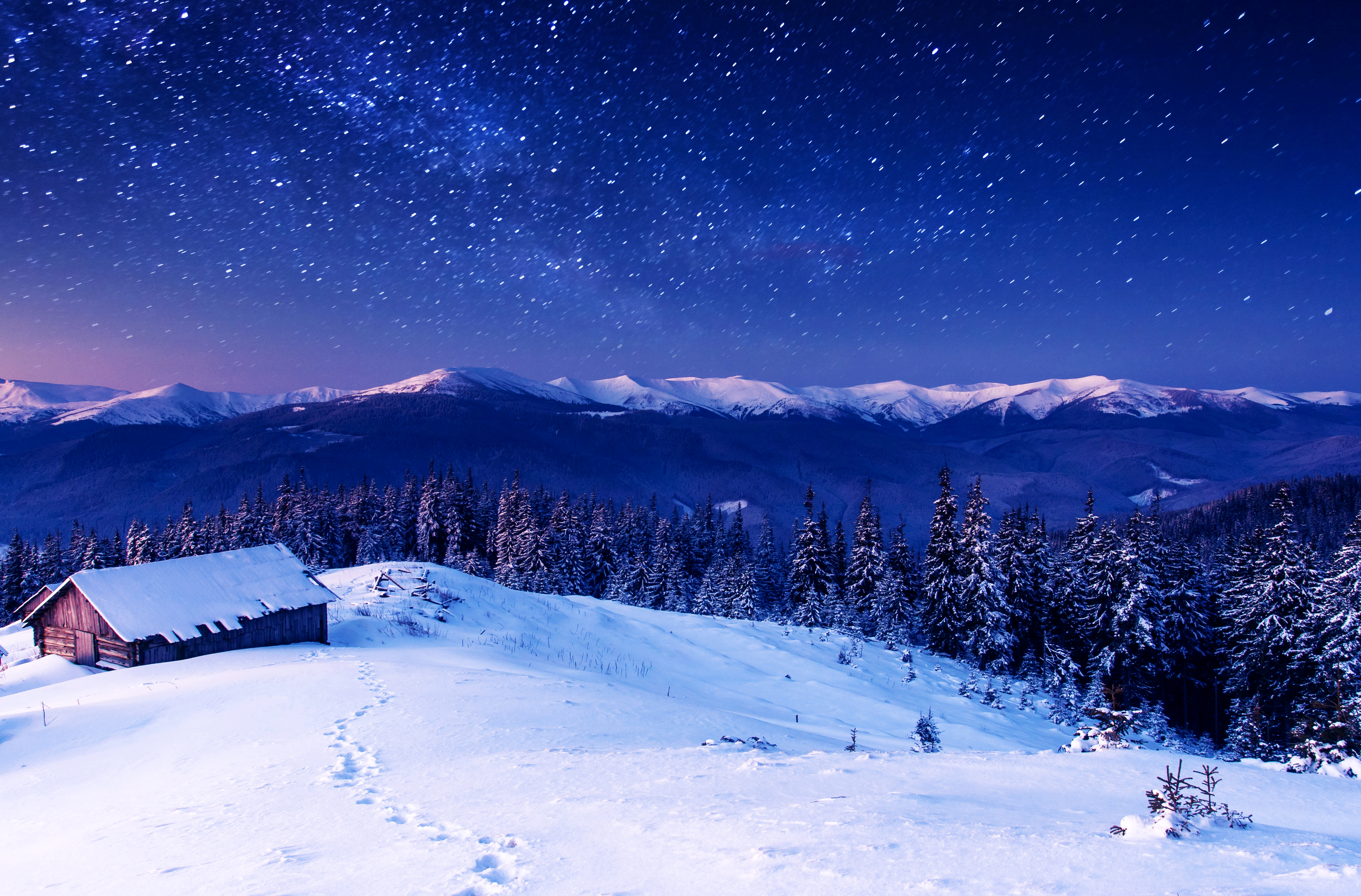 снег ночь зима домик звезды бесплатно