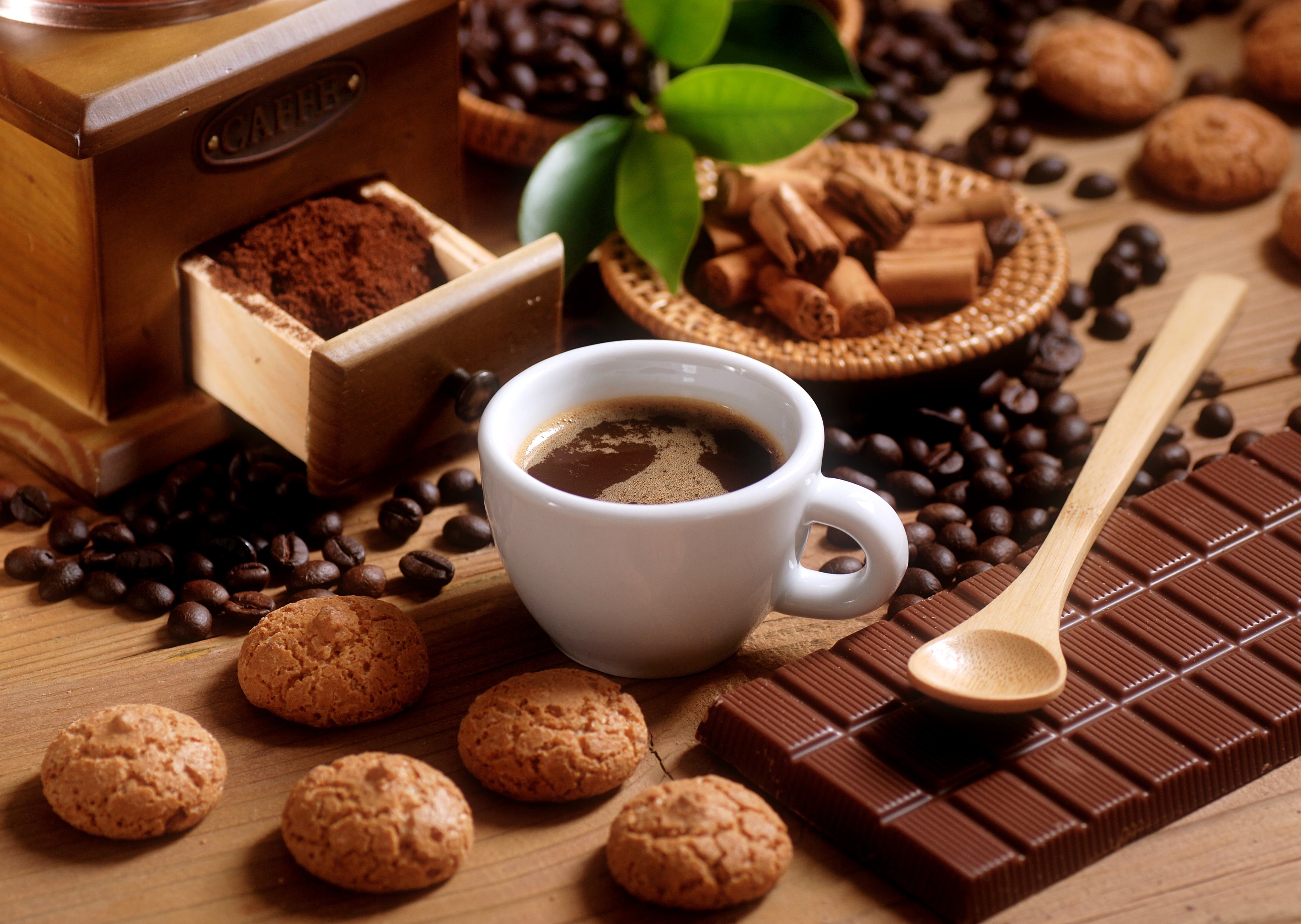 Кофе Печенье Шоколад Шоколадная плитка Чашка Зерна Еда фото 3514x2496 Пища,...