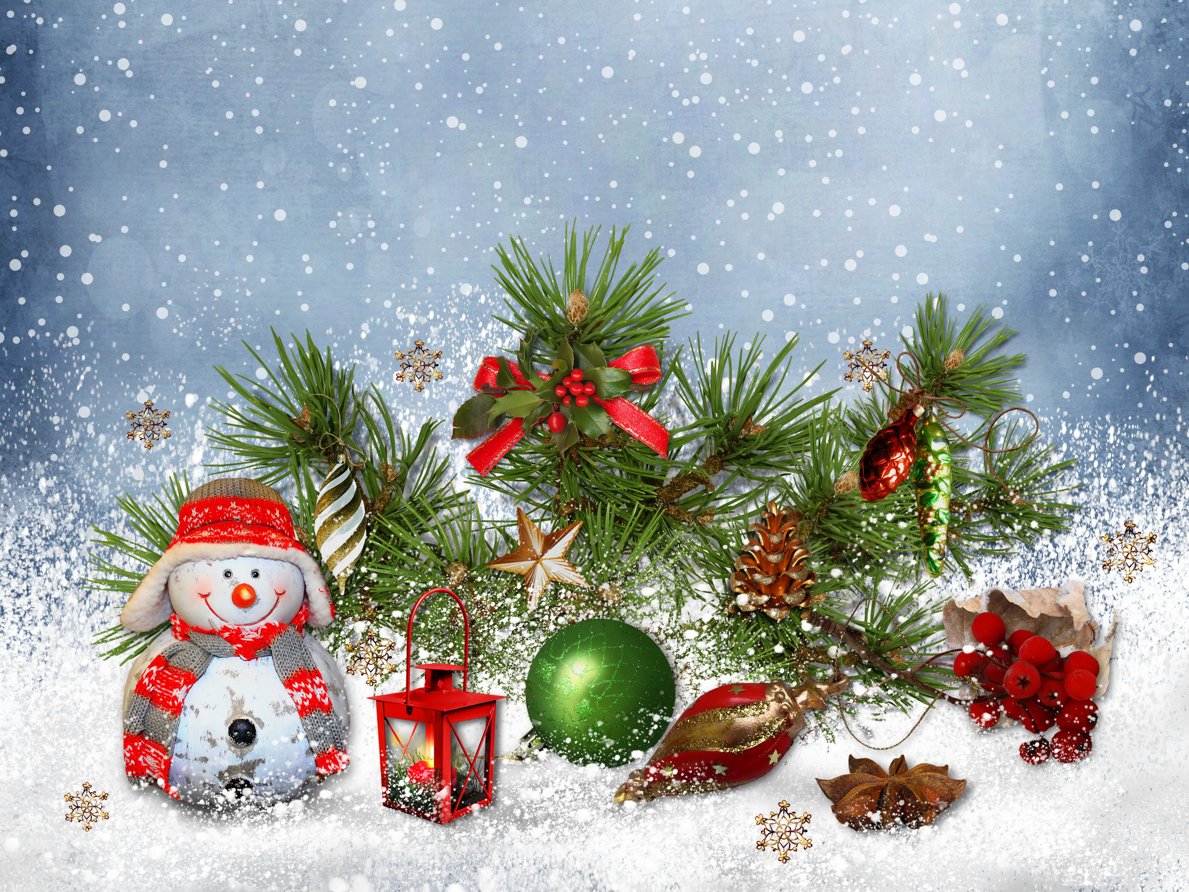 Картинка Рождество Снеговики Игрушки Праздники 4000x3000 Новый год снеговик снеговика игрушка