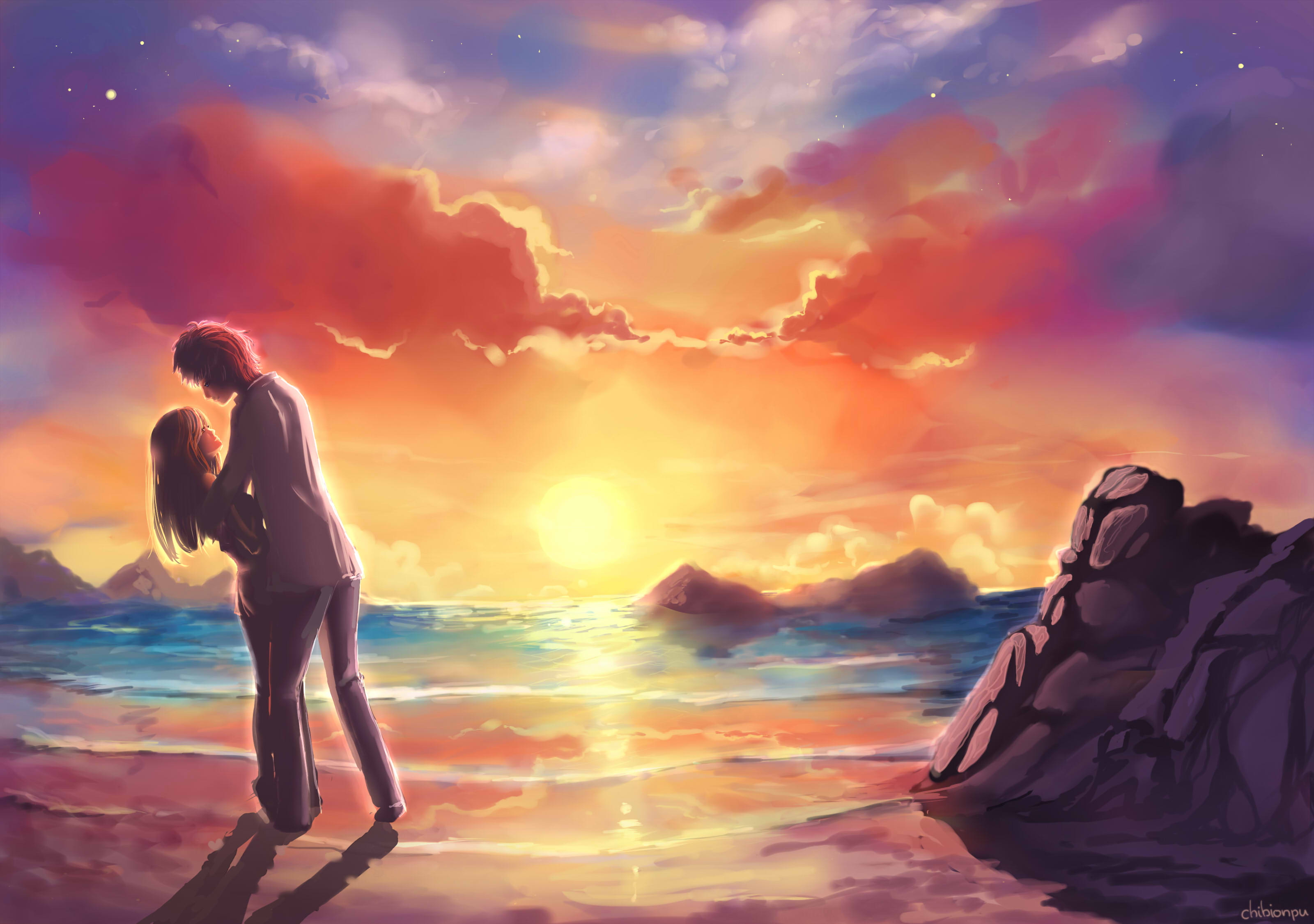 Мечтаю ю. Влюбленные арт. Любовь арт. Романтический пейзаж. Двое на закате у моря.