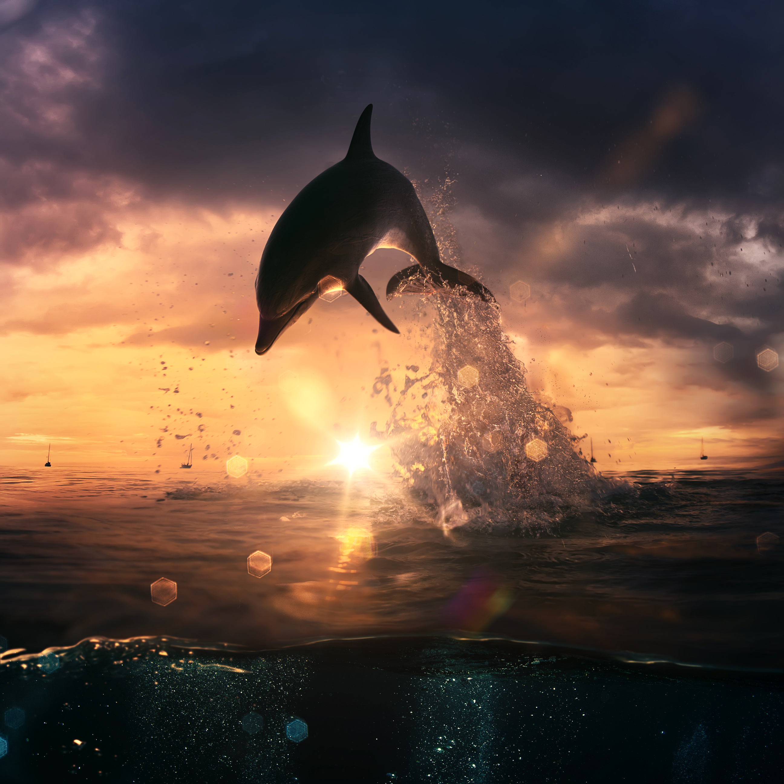 Море закат дельфины