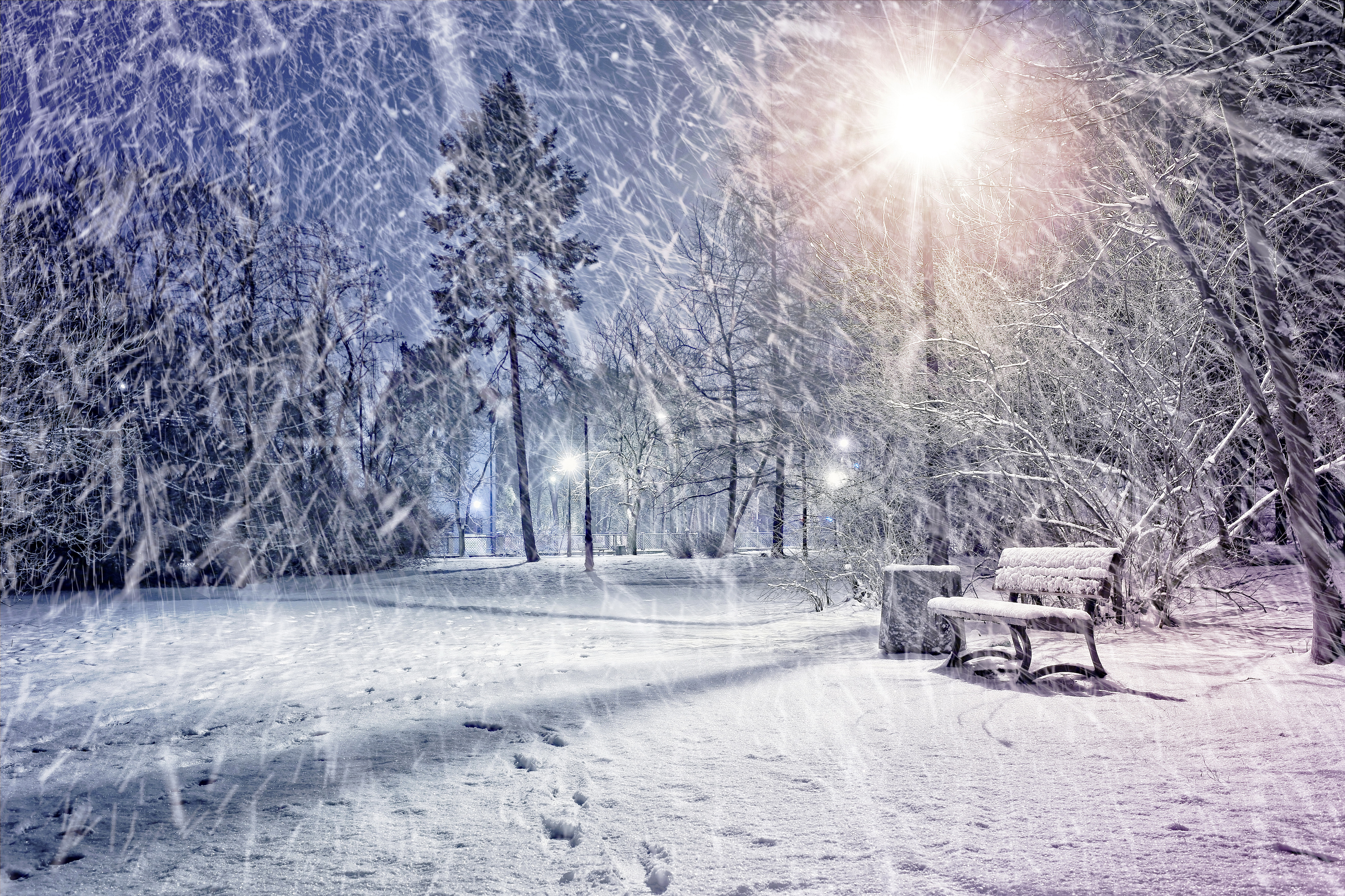дорога ночь фонари лавка снег зима бесплатно