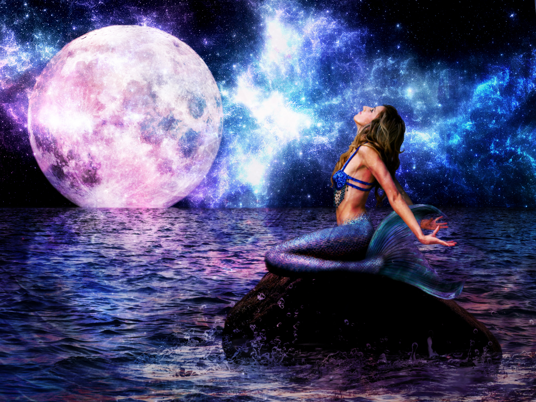 Девушка с дельфином на фоне луны без смс