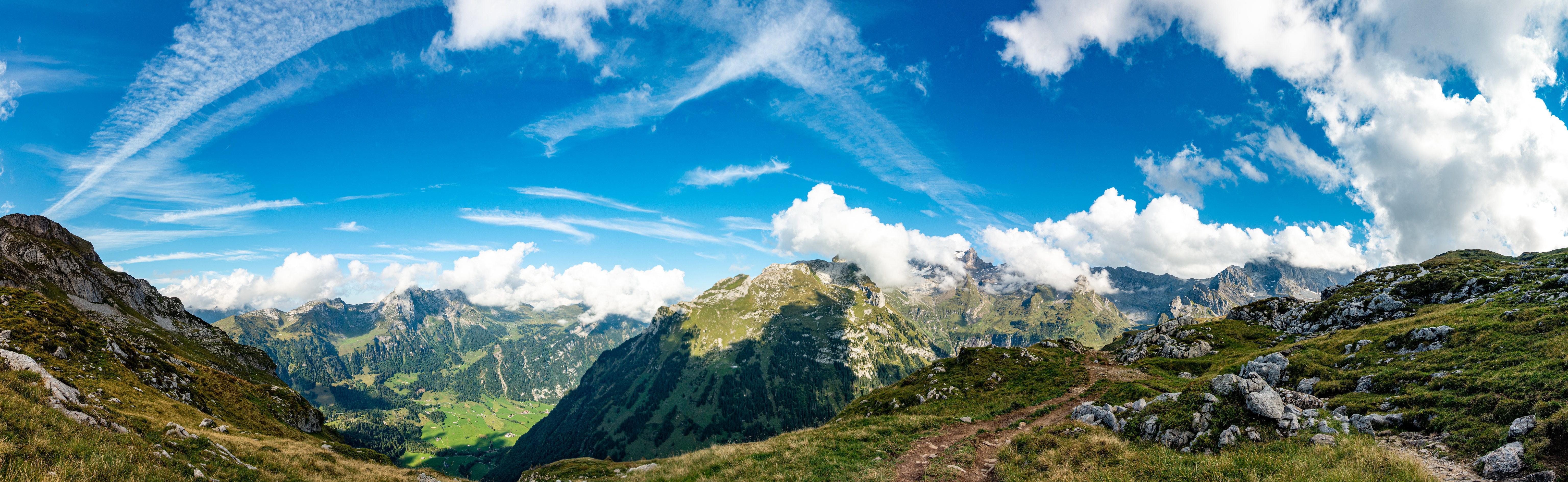 Фотография Альпы Швейцария панорамная гора Природа Небо облачно 6144x1889 альп Панорама Горы Облака облако