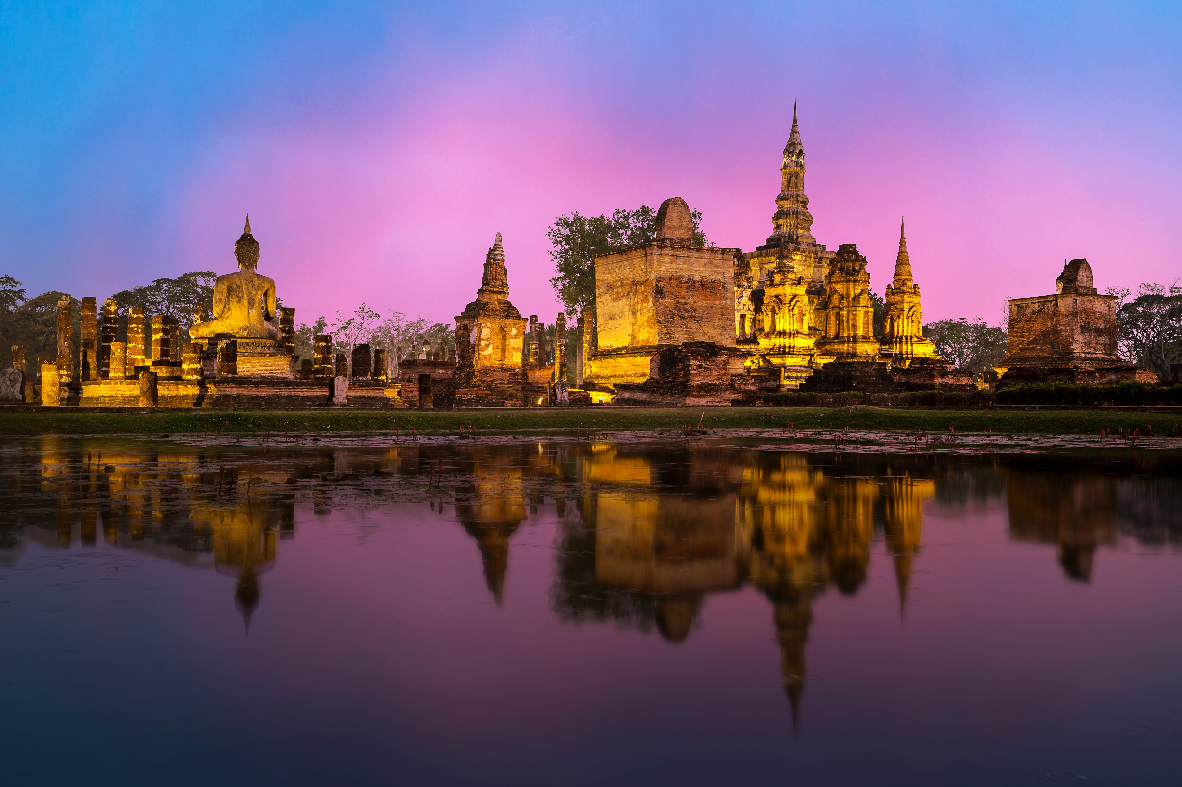Фото Бангкок Phra Nakhon si Ayutthaya отражается Храмы Вечер город отражении Отражение храм Города