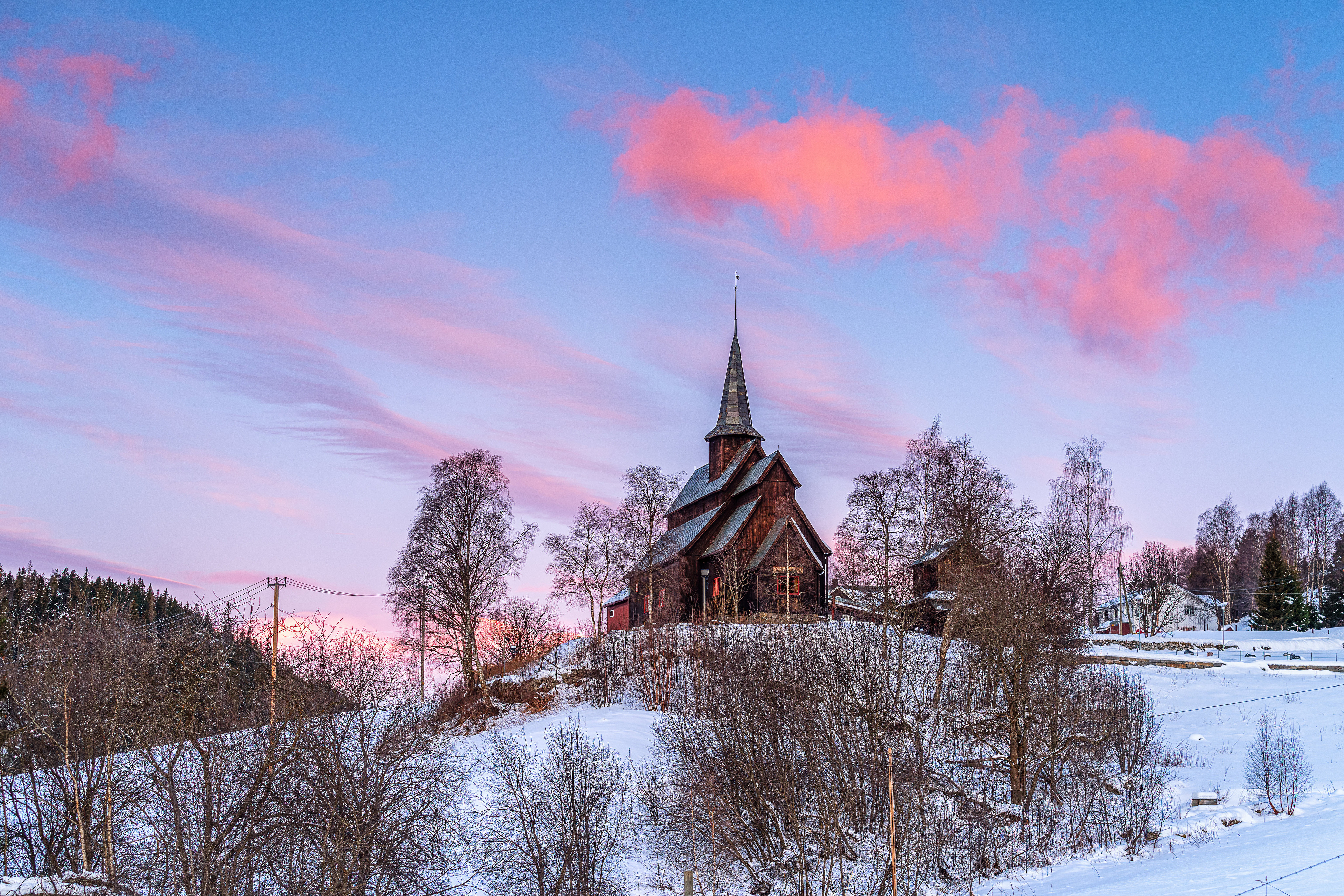 Картинка Церковь Норвегия Valdres Природа Снег дерево 3840x2563 снега снегу снеге дерева Деревья деревьев