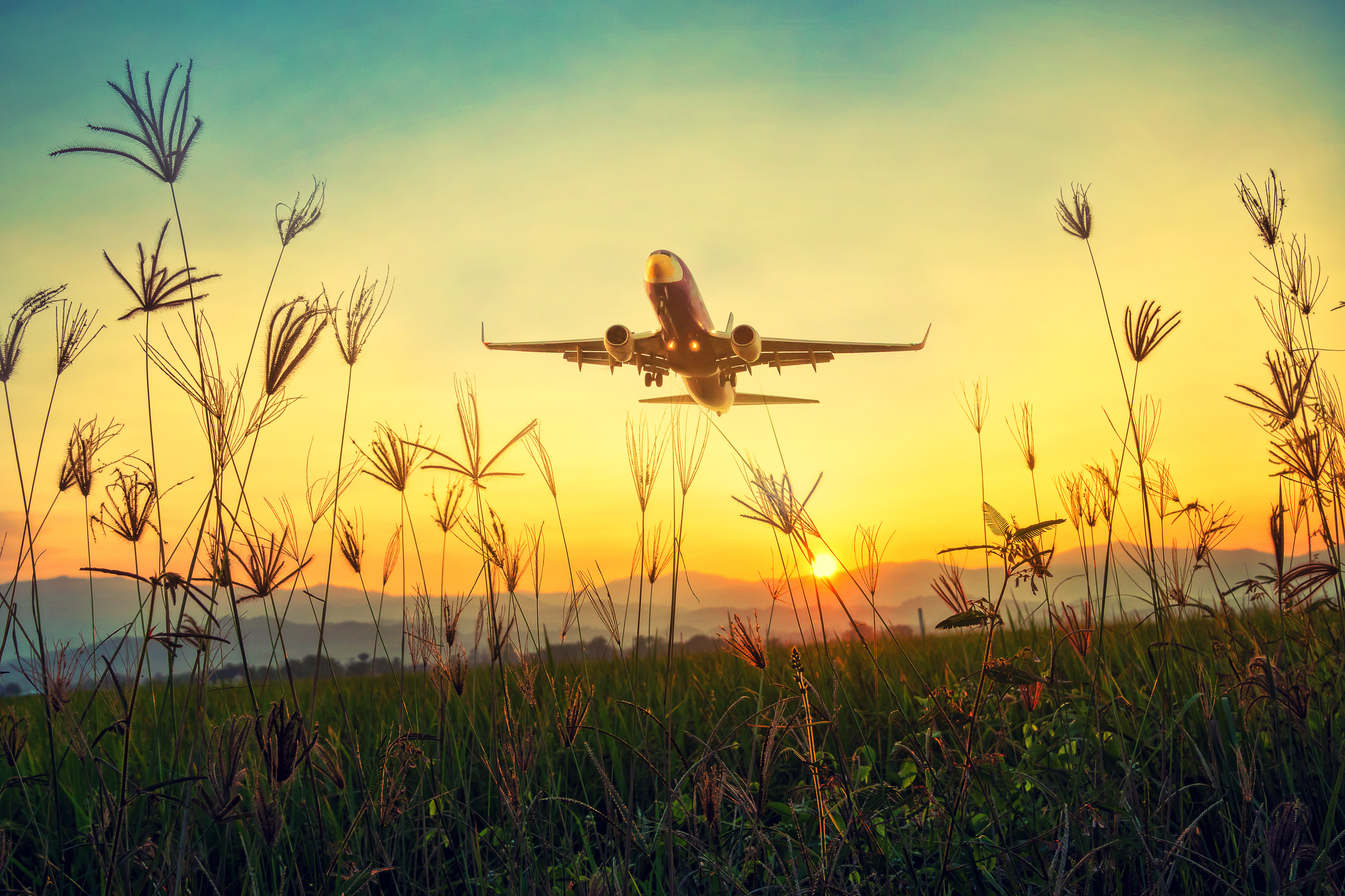 Лето авиарейсов. Самолет на закате. Самолет над полем. Пейзаж с самолетом. Самолет на фоне природы.