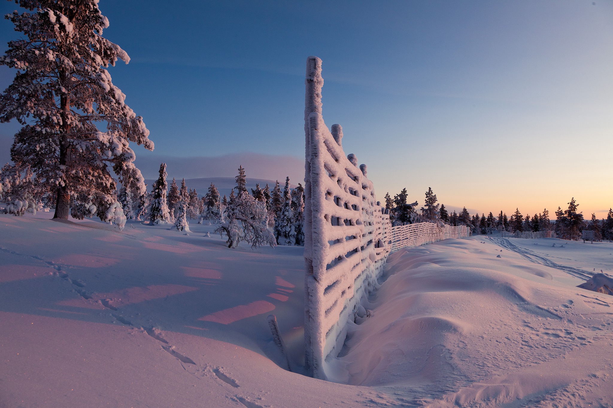 забор снег зима закат the fence snow winter sunset скачать
