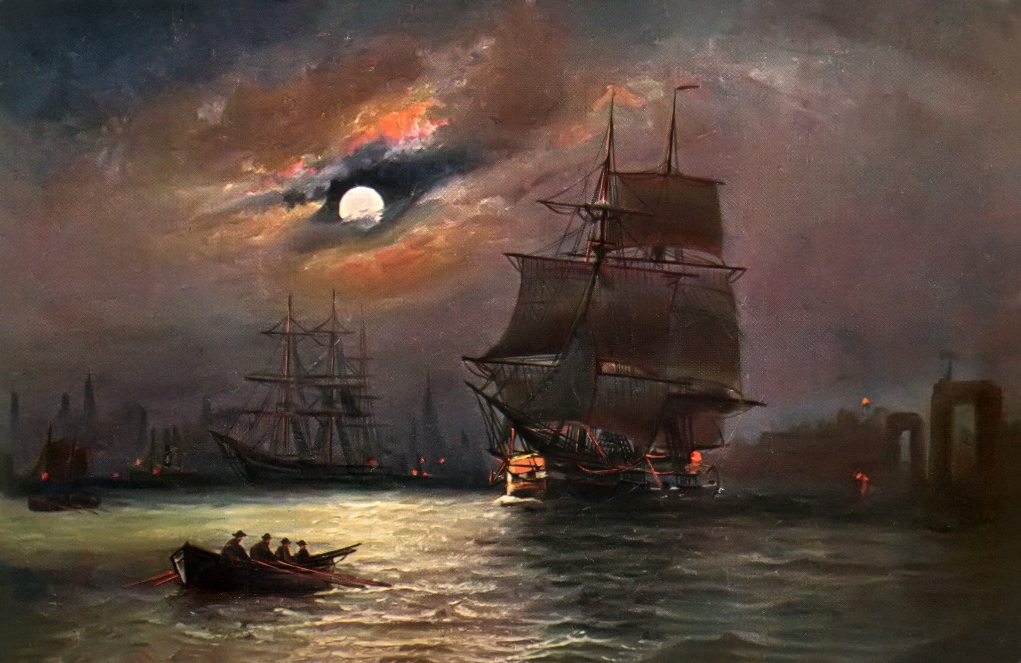 Фотография Alfred Jansen луны Корабли картина Парусные облачно 2048x1331 Луна луной корабль Живопись Облака облако