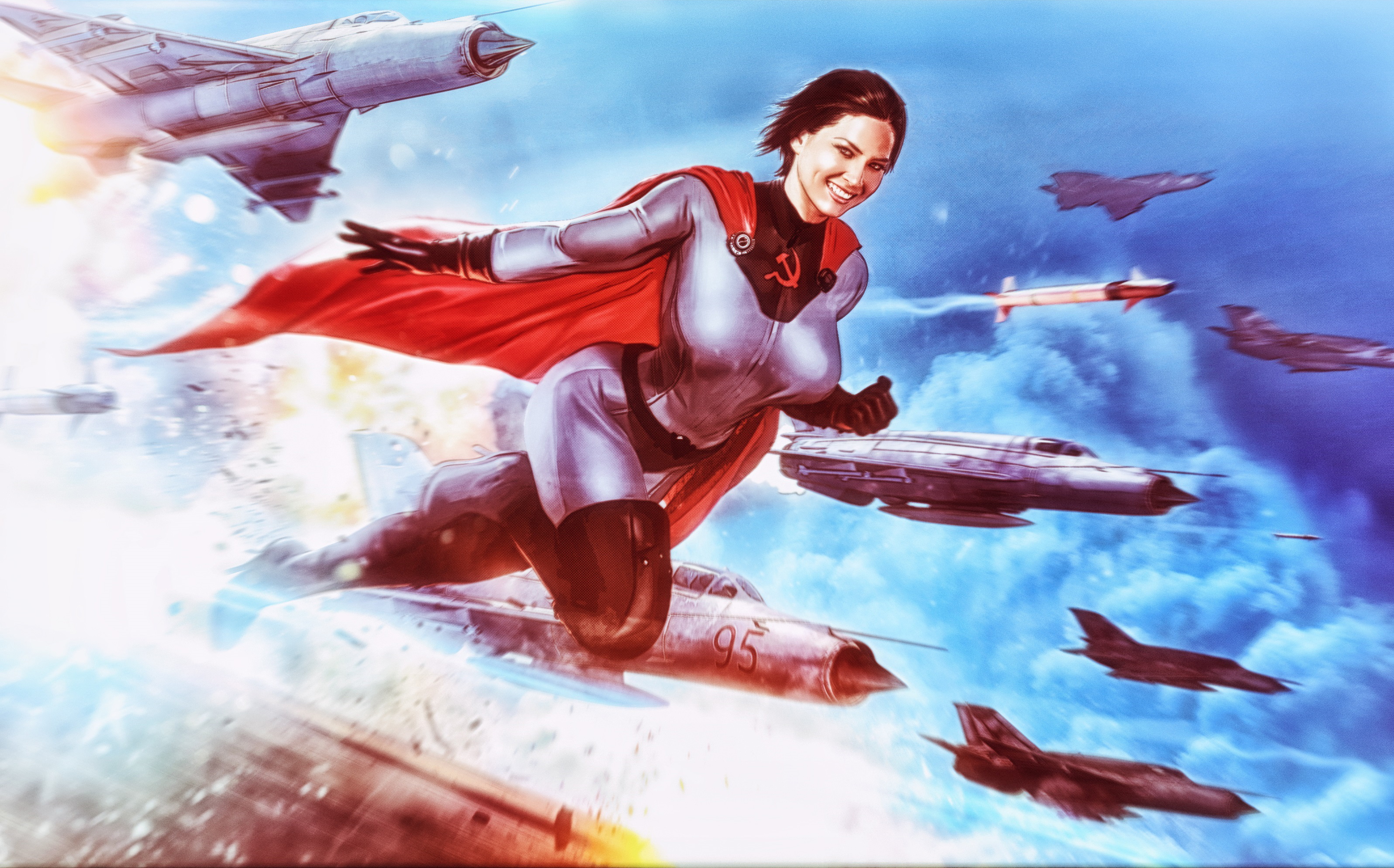 Картинка Истребители Soviet Superwoman Фэнтези молодая женщина Плащ 3192x19...