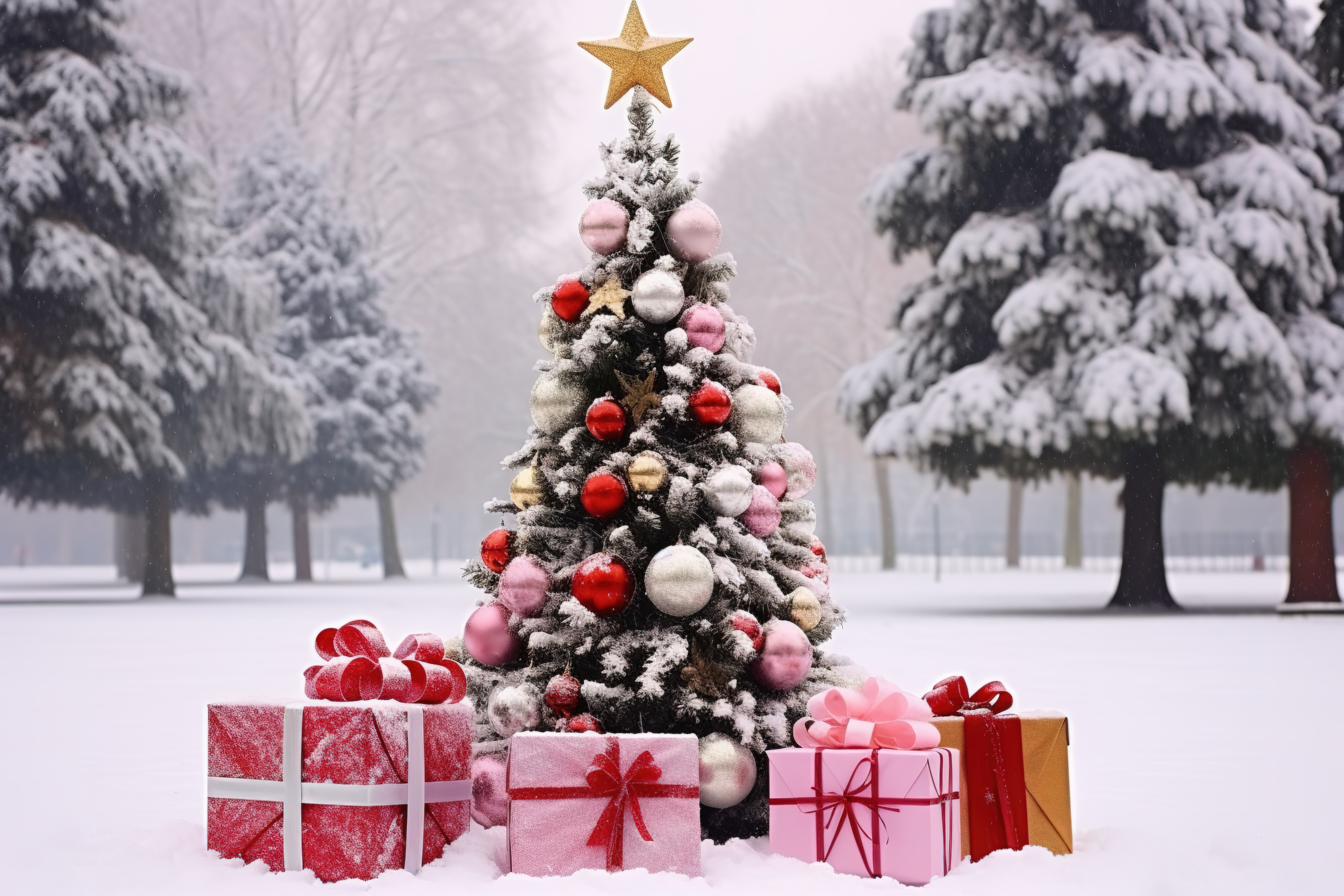 Картинка Новый год Елка Снег Коробка Подарки Шарики 5376x3584 Рождество Новогодняя ёлка снега снегу снеге коробки коробке подарок подарков Шар