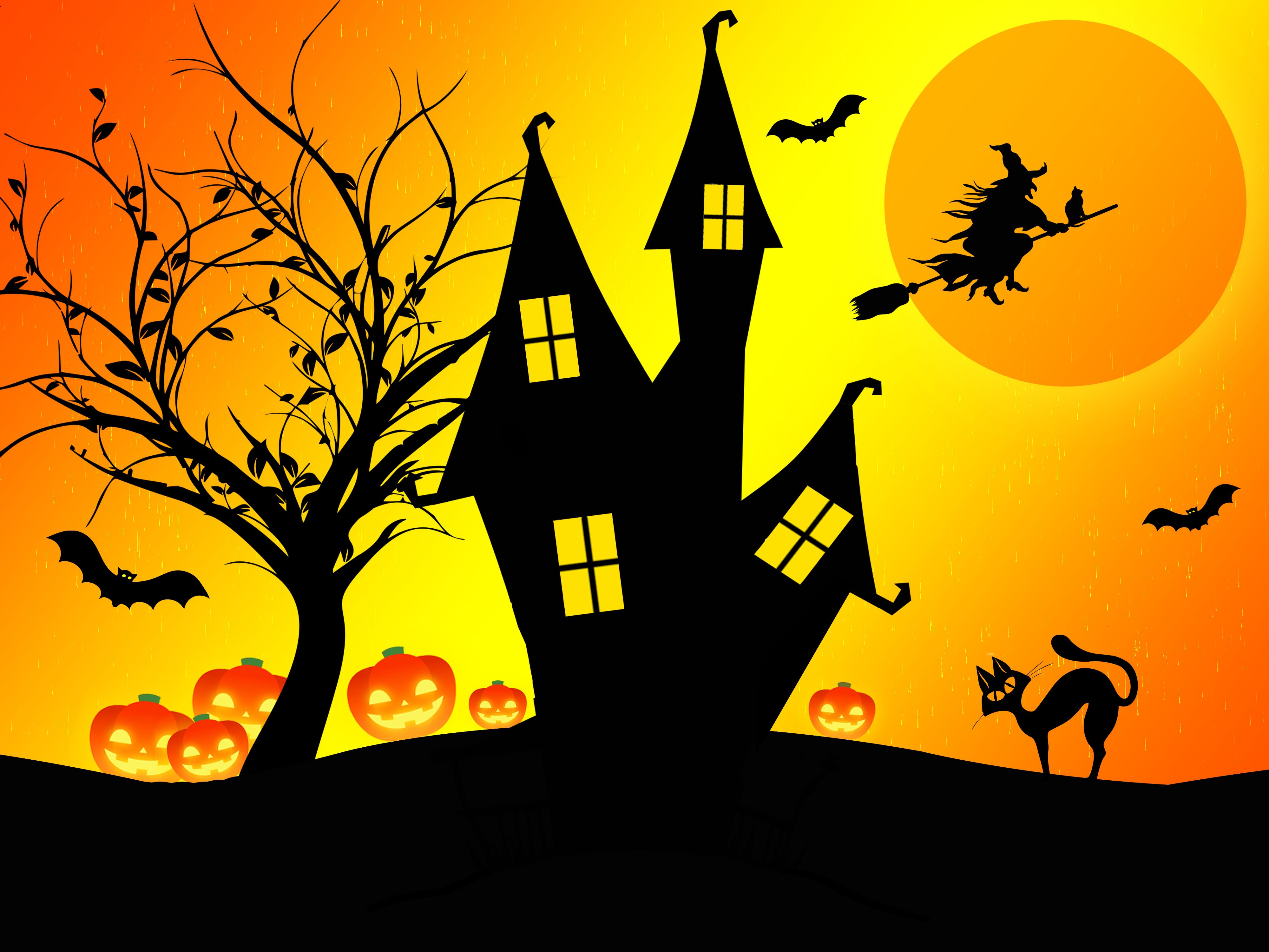 Замки Ведьма Хеллоуин Силуэт фото 4000x3000 хэллоуин, замок, силуэта