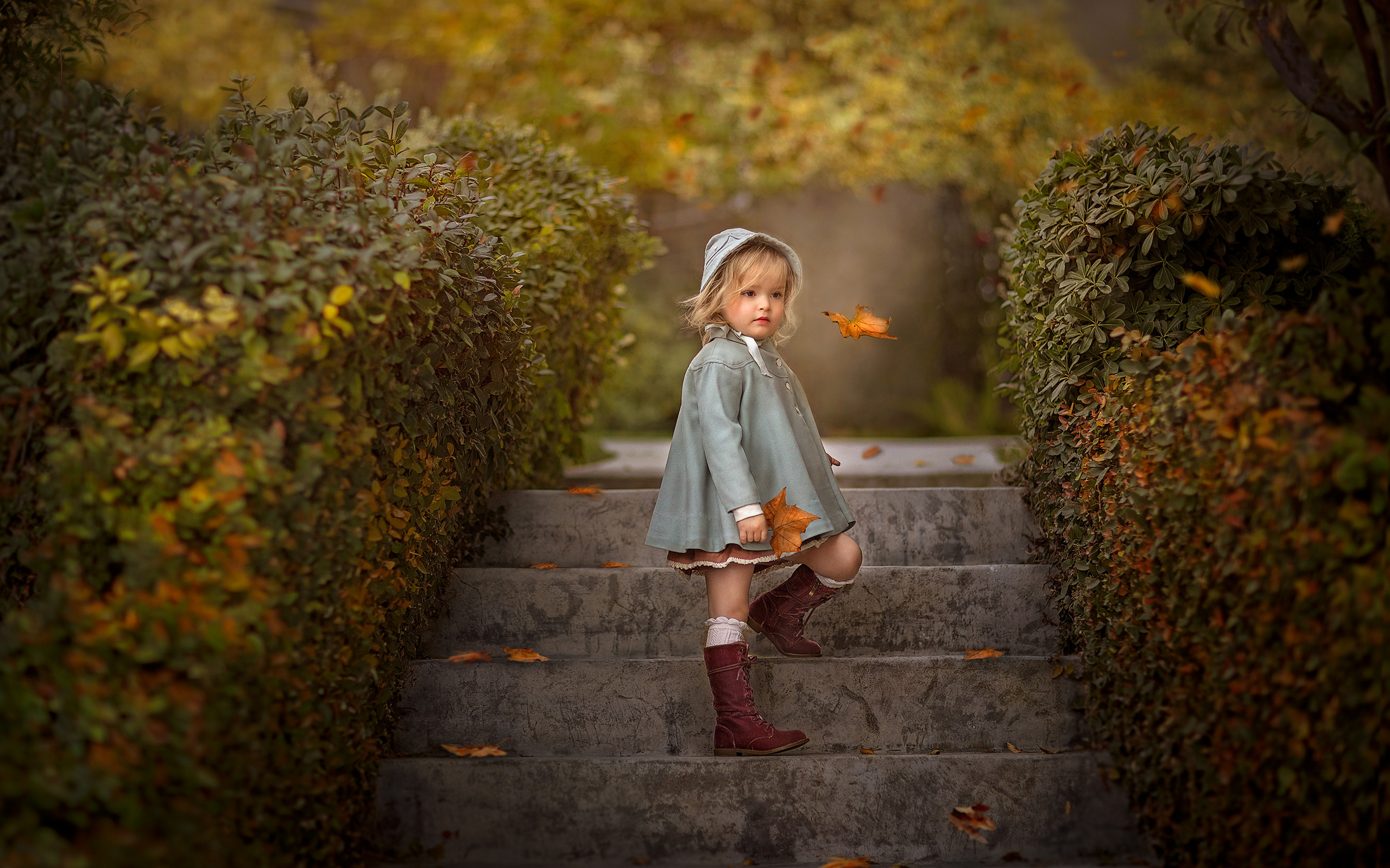 Картинка девочка Листья Размытый фон Дети осенние лестницы Девочки лист Листва боке ребёнок Осень Лестница