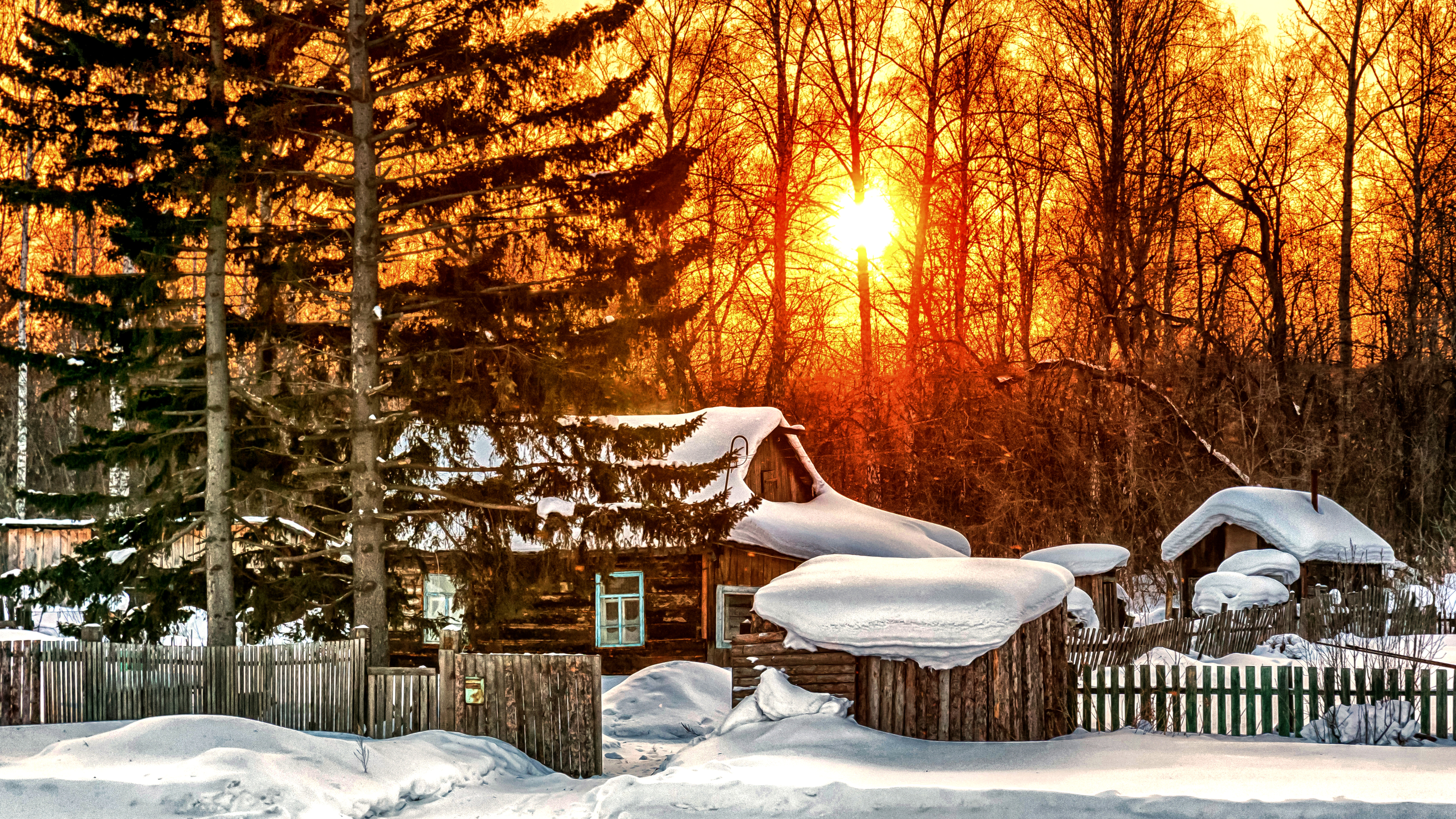 снег зима деревня рассвет загрузить