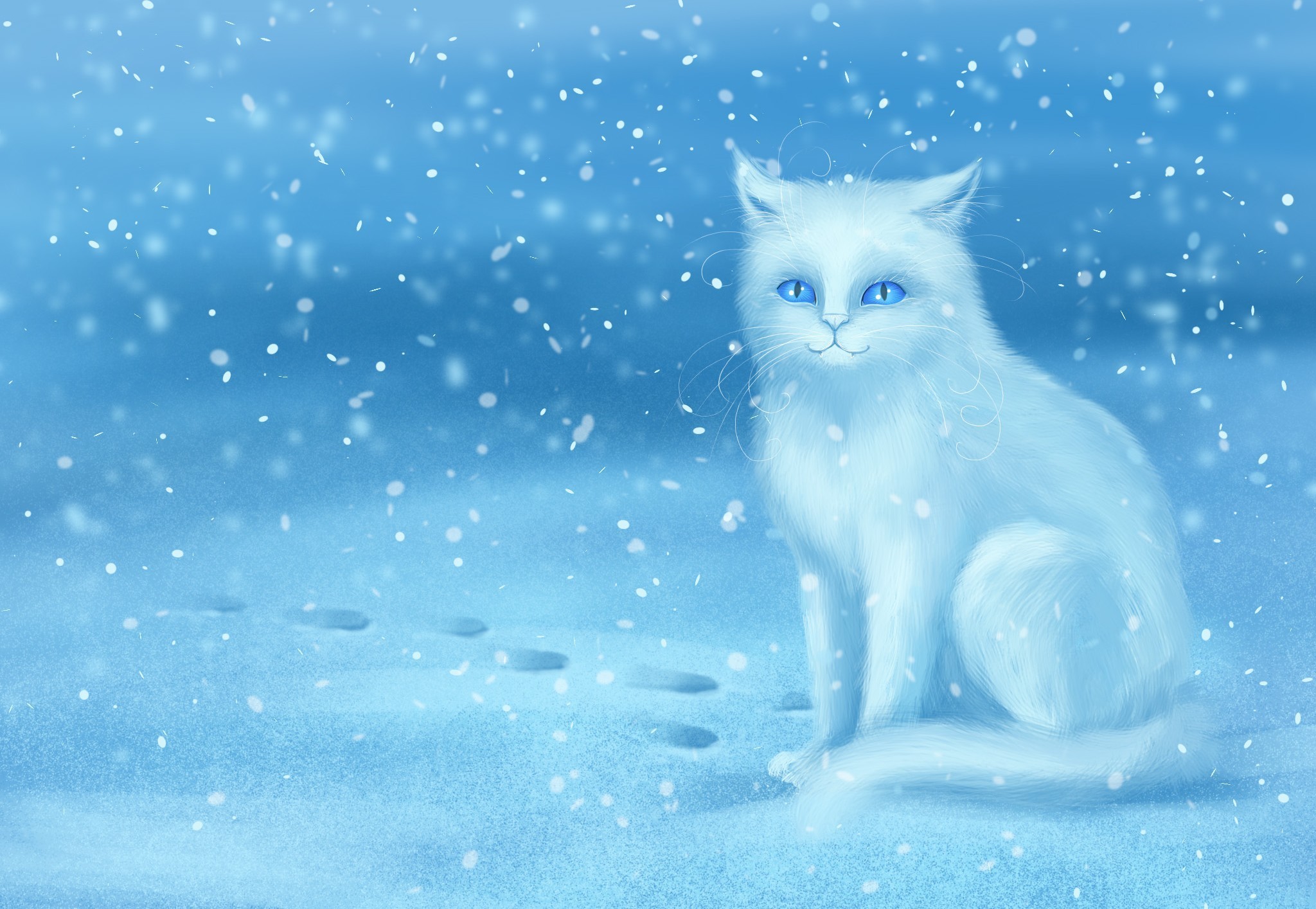 Фото кошка Снежинки Снег сидящие животное Рисованные 2048x1414 кот коты Кошки снежинка снега снегу снеге сидя Сидит Животные