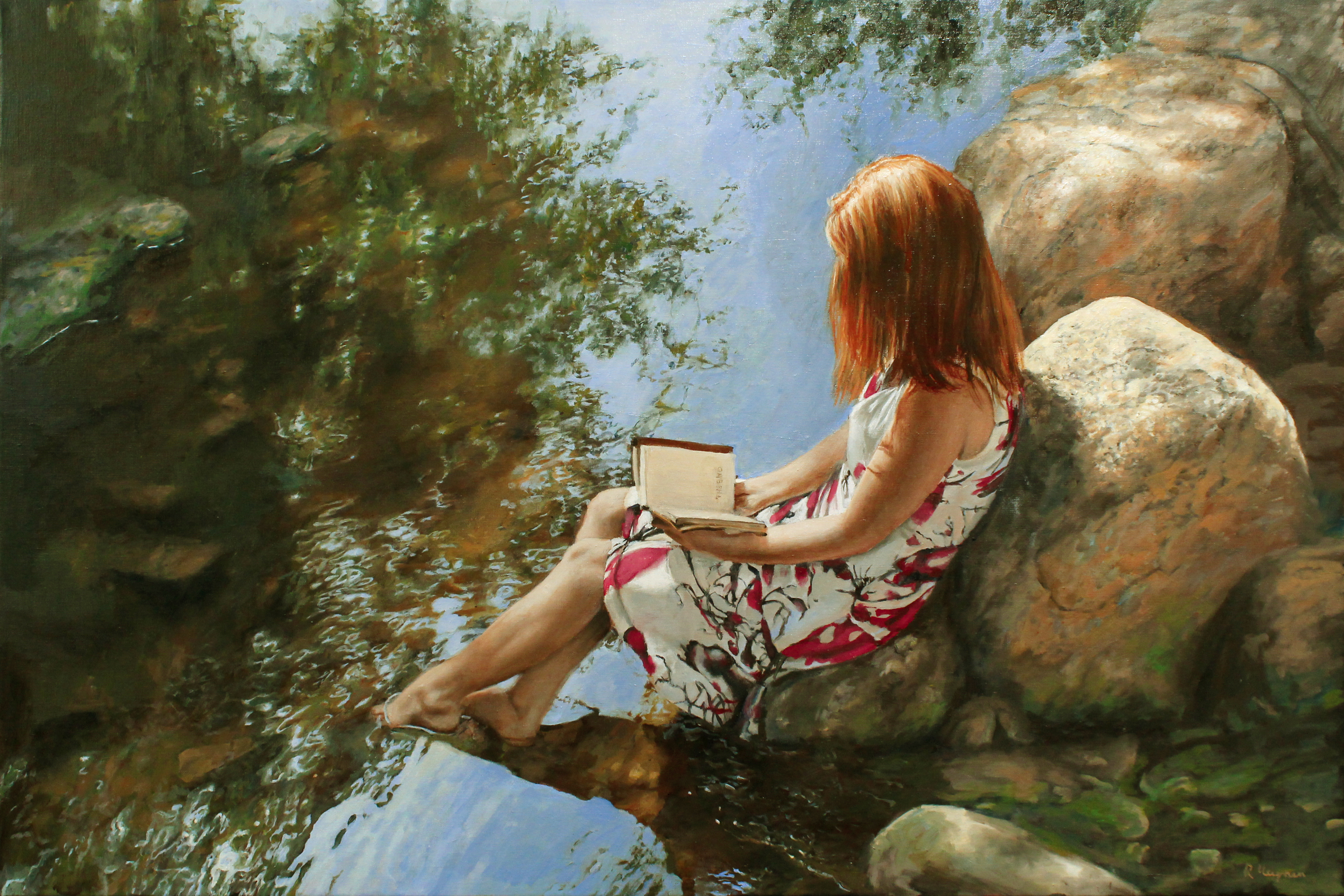 Человек возле реки. Ральф Хейнен художник. «Девушка у пруда» (1923). Девушка сидит на берегу реки. Девушка на камнях у речки.