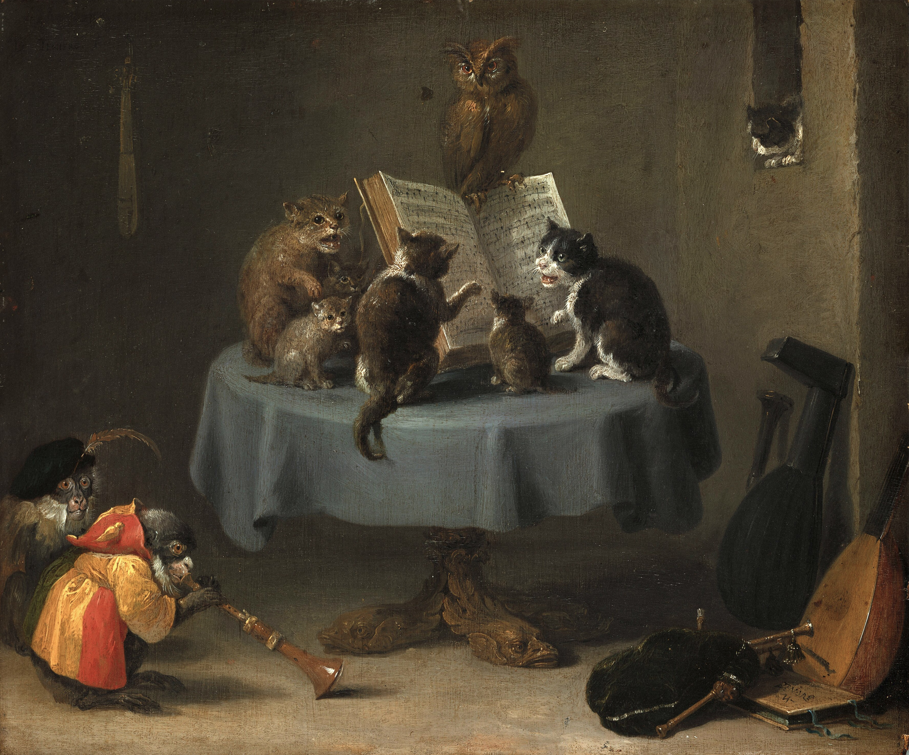 Картинка Кошки David Teniers the Younger, The Concert of Cats Живопись 2926x2431 кот коты кошка картина