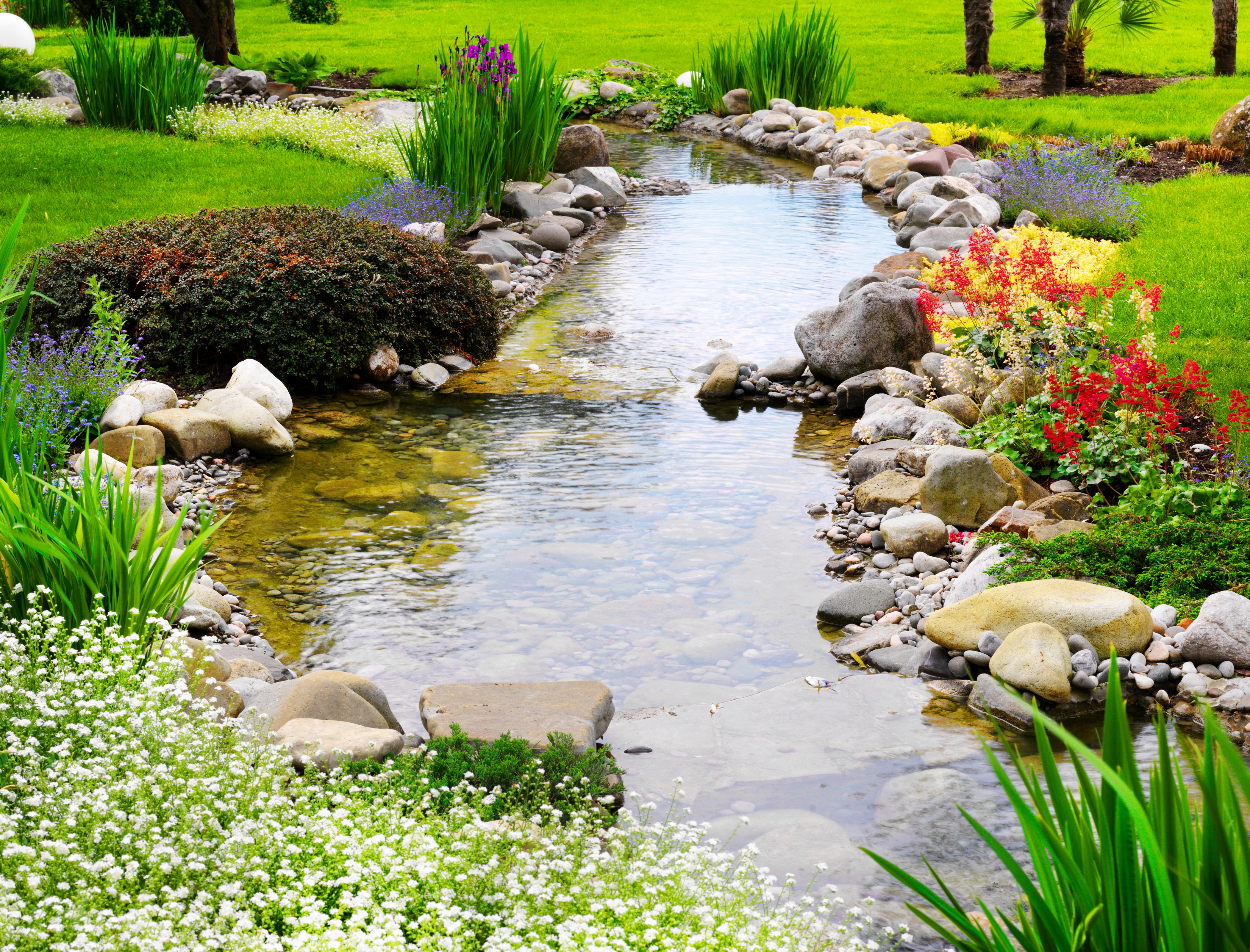 Цветочный пруд 22. Ручей в саду. Красивый сад с прудом. Ручей в природном стиле. Искусственный ручей.