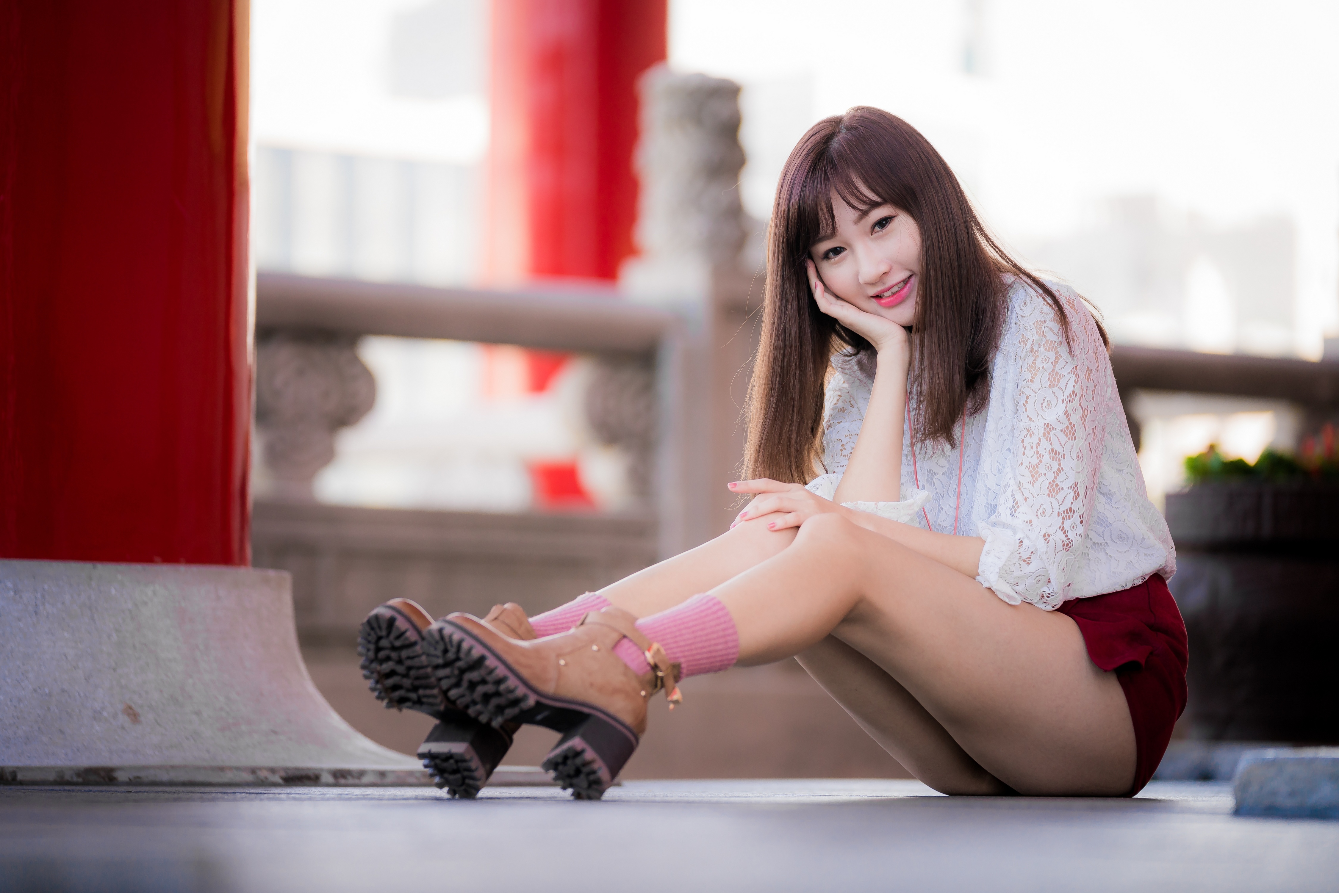 Beautiful Golden-Haired in Boots Bangs Herself