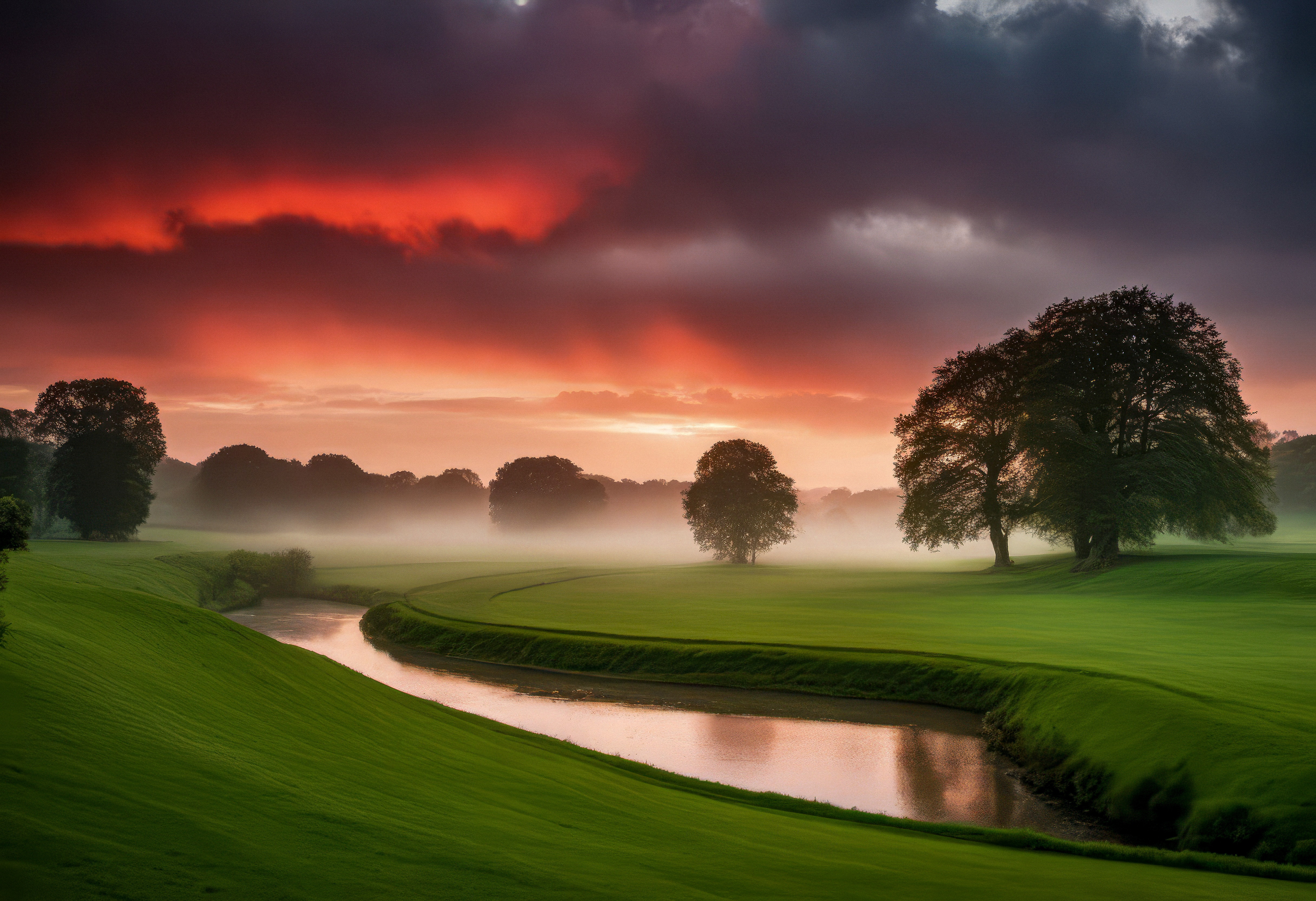 Фотография Германия тумане Природа Пейзаж Рассветы и закаты Реки Облака Деревья Туман тумана рассвет и закат река речка дерево дерева облако облачно деревьев