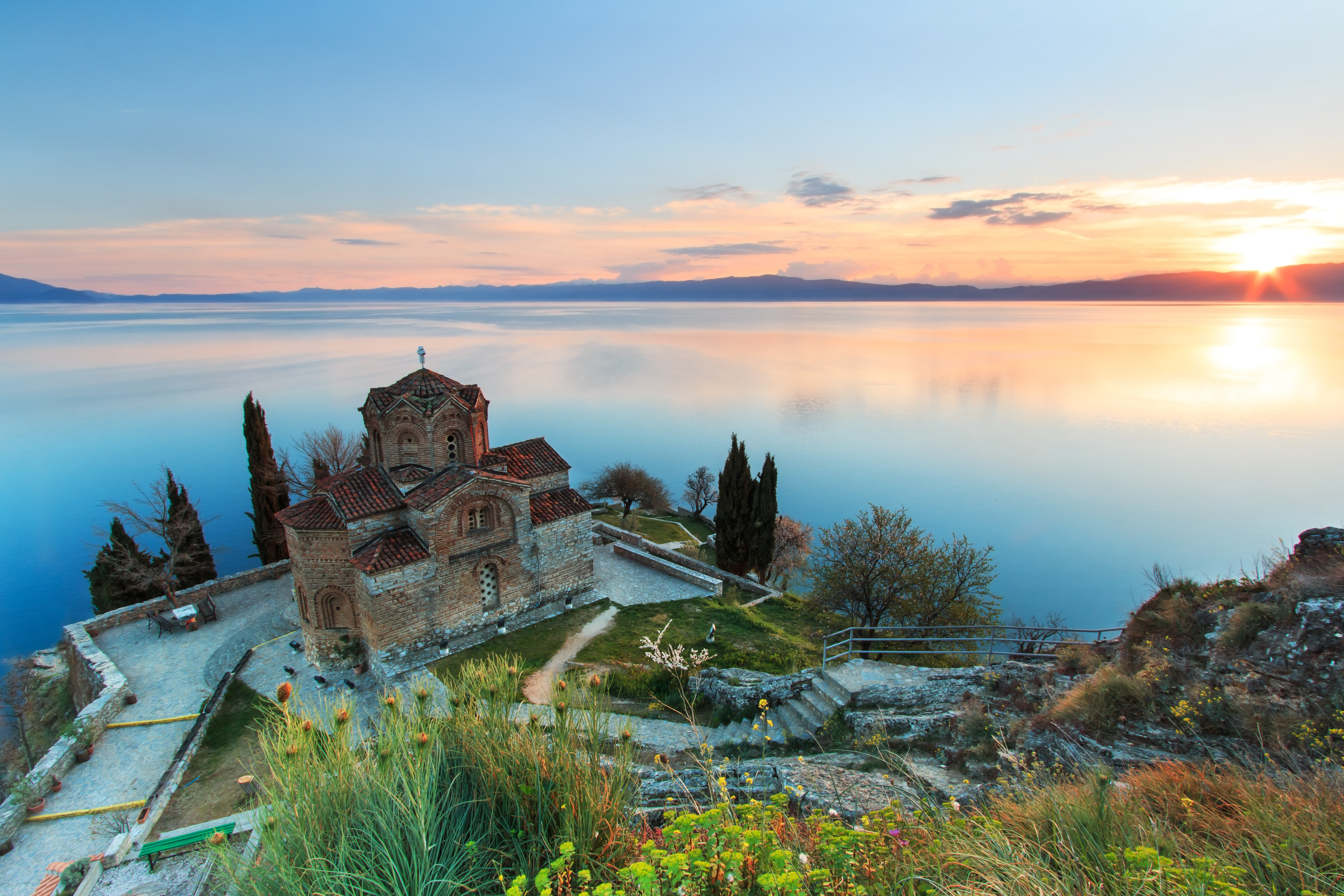 Фото Церковь St. john's Church, North Macedonia, Lake Ohrid Природа Озеро рассвет и закат Сверху Горизонт 5472x3648 Рассветы и закаты горизонта