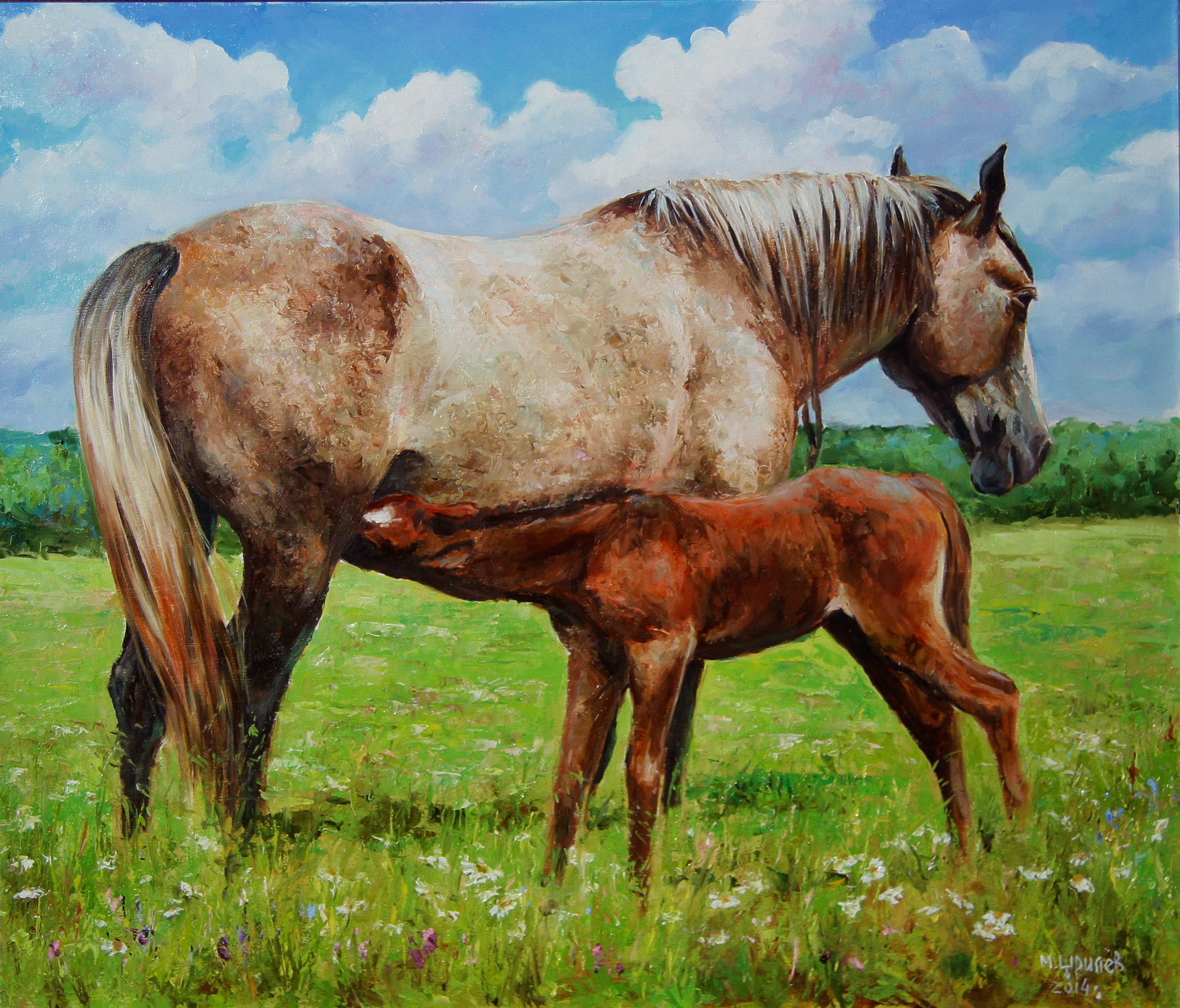 Картинка лошадь Michael Schrilёv, Horse with foal Живопись животное 2697x2306 Лошади картина Животные