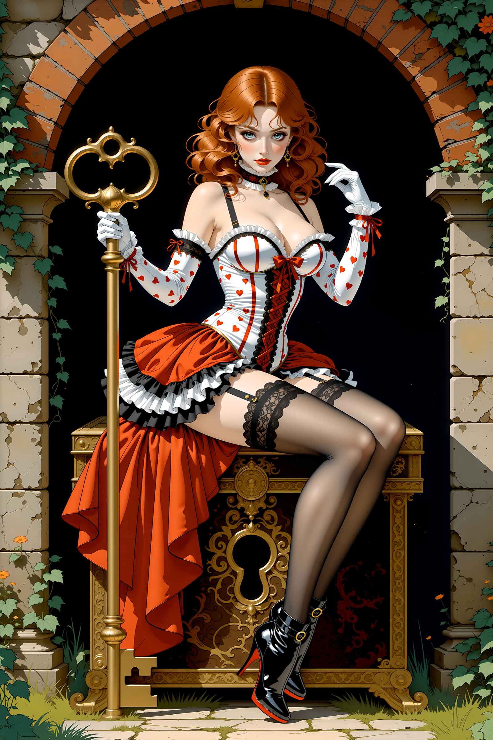 Картинка рыжих Чулки Ai Клад перчатках красивый вырез на платье Ботинки молодые женщины ног Платье для мобильного телефона рыжие Рыжая чулках Перчатки Сундук сокровищ Декольте красивая Красивые ботинка девушка Девушки ботинках молодая женщина Ноги платья