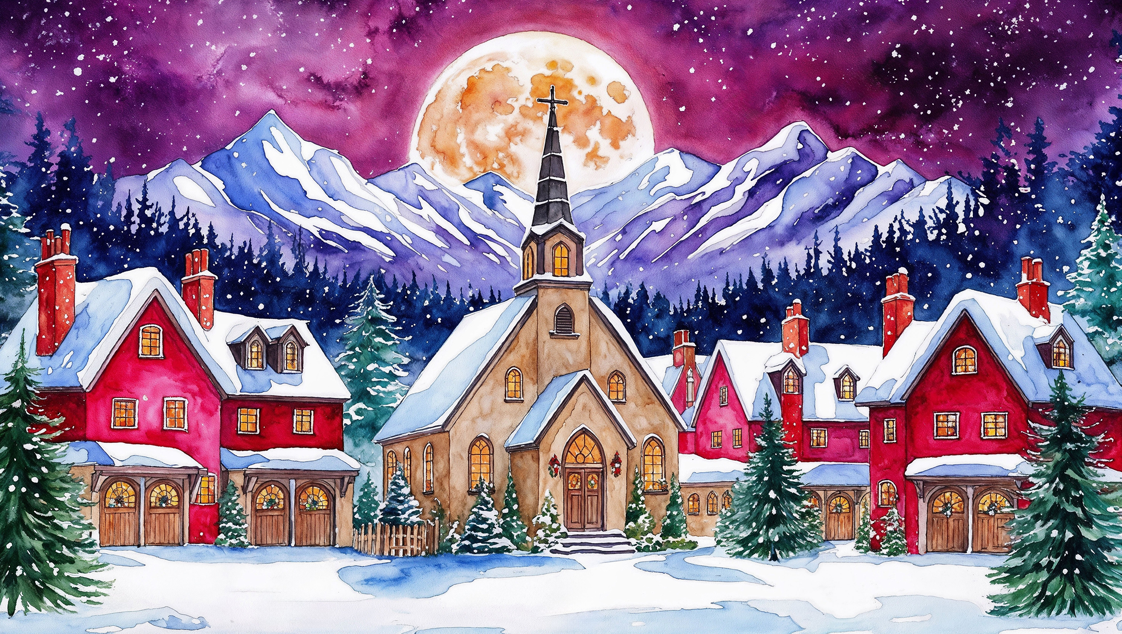 Обои для рабочего стола Церковь Новый год ели Горы зимние Природа Луна Снег Здания Рисованные 3840x2170 Рождество Ель гора Зима луны луной снега снегу снеге Дома